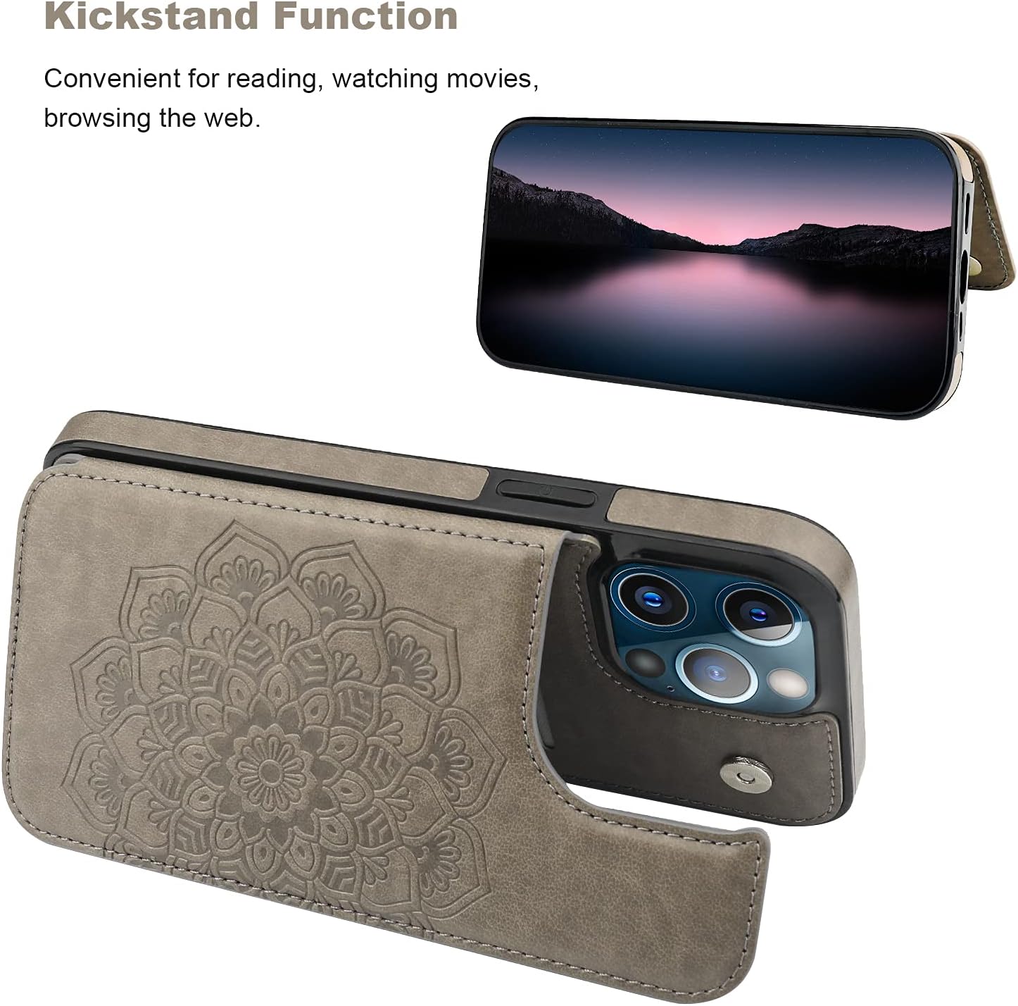 Vaburs Funda compatible con iPhone 13 Pro Max con tarjetero y diseño de mandala en relieve, de piel sintética, doble botones, a prueba de golpes,