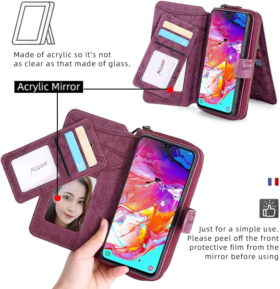 Asuwish Funda de teléfono para Samsung Galaxy A70 con cremallera, funda desmontable con protector de pantalla y soporte de cuero para tarjetas,