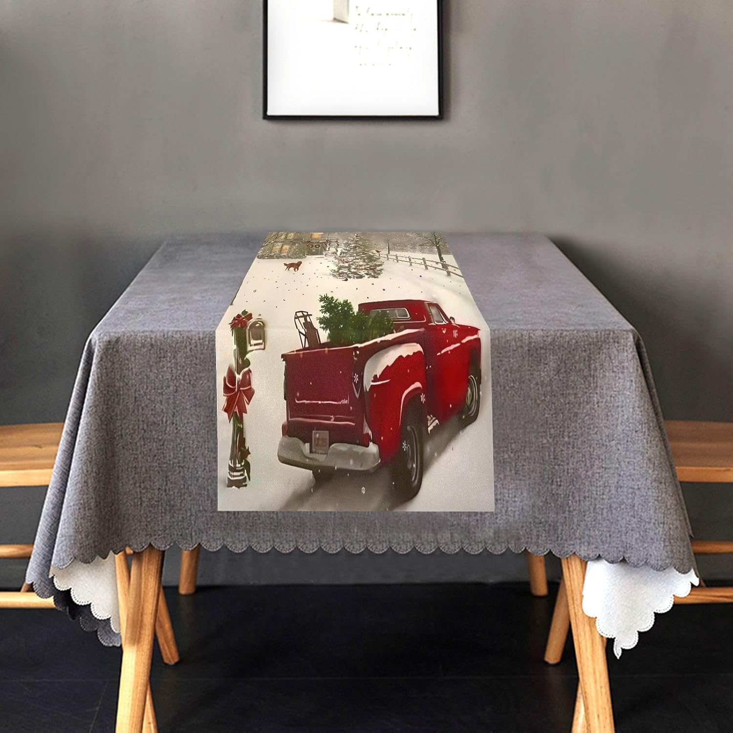 Christmas Rustic Red Truck Table Runner Fall Decor for Dining Table Decor Christmas Table Runner 72 Inches Long