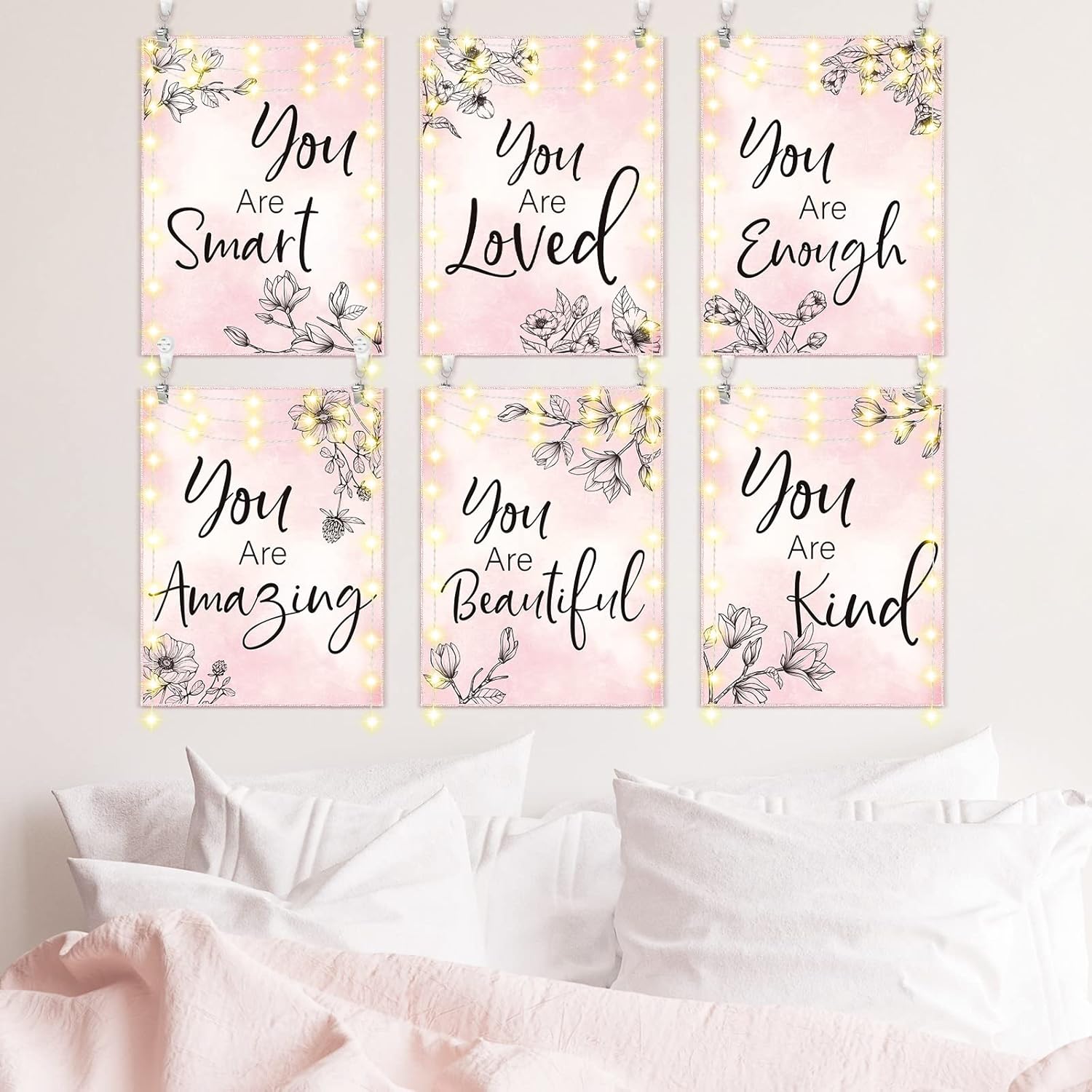 Rtteri Tapiz floral rosa de 12 x 16 pulgadas, 6 piezas con citas inspiradoras LED de luz, decoración de pared, tapiz cristiano gris y rosa,