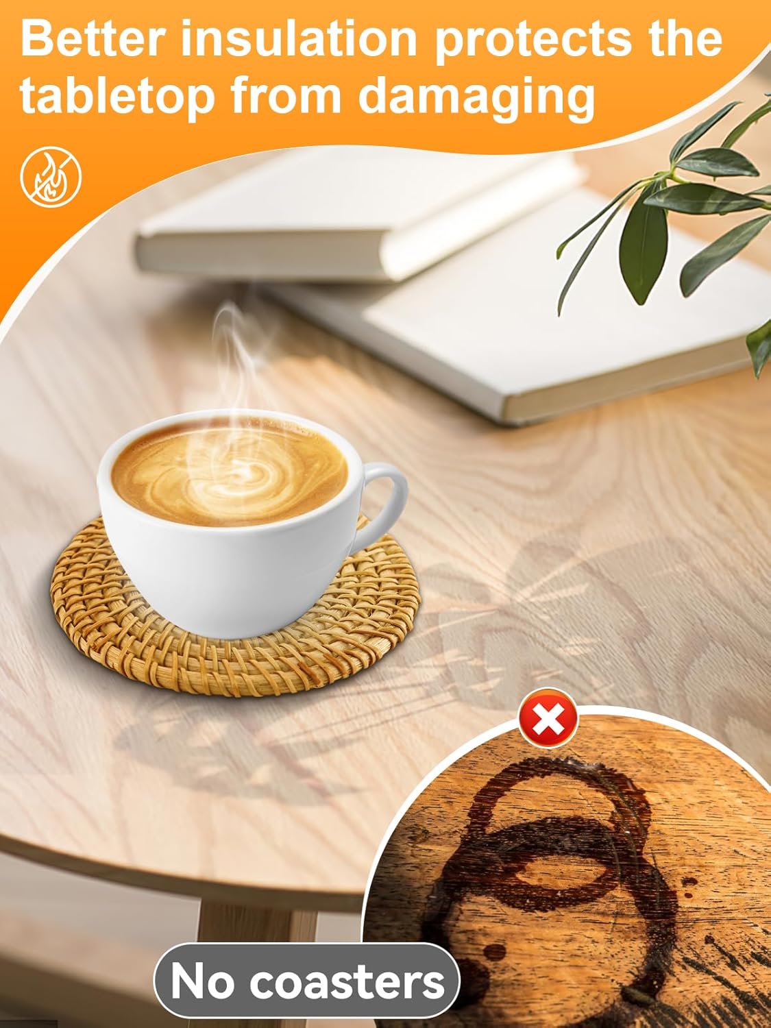 6pcs Handmade Rattan Coasters with Holder, Natural Wicker Boho Coasters Set, Heat-resistant Drink Coasters for Coffee Table Housewarming Gifts Hot