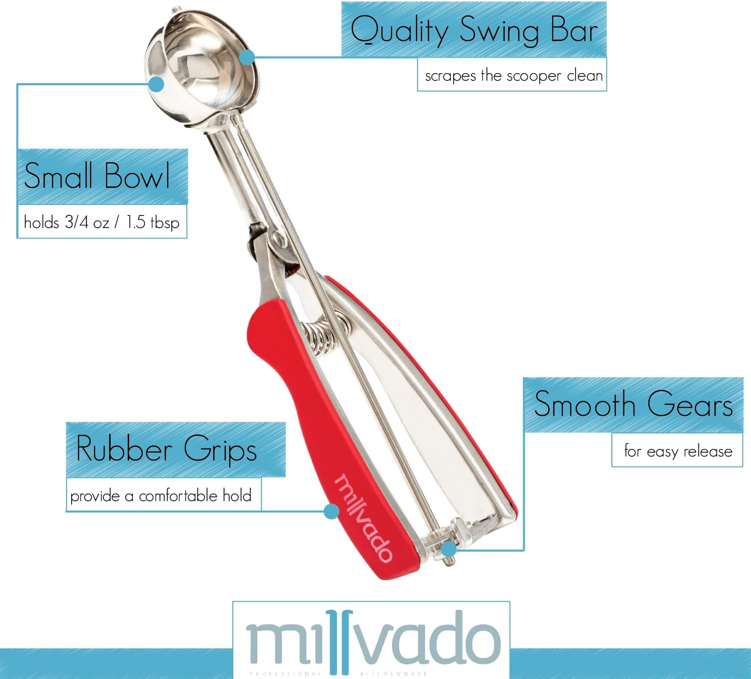 Millvado Cuchara para helado con gatillo cuchara redonda de acero inoxidable para helado, masa de galletas, melón, etc. – Plato de alimentos con
