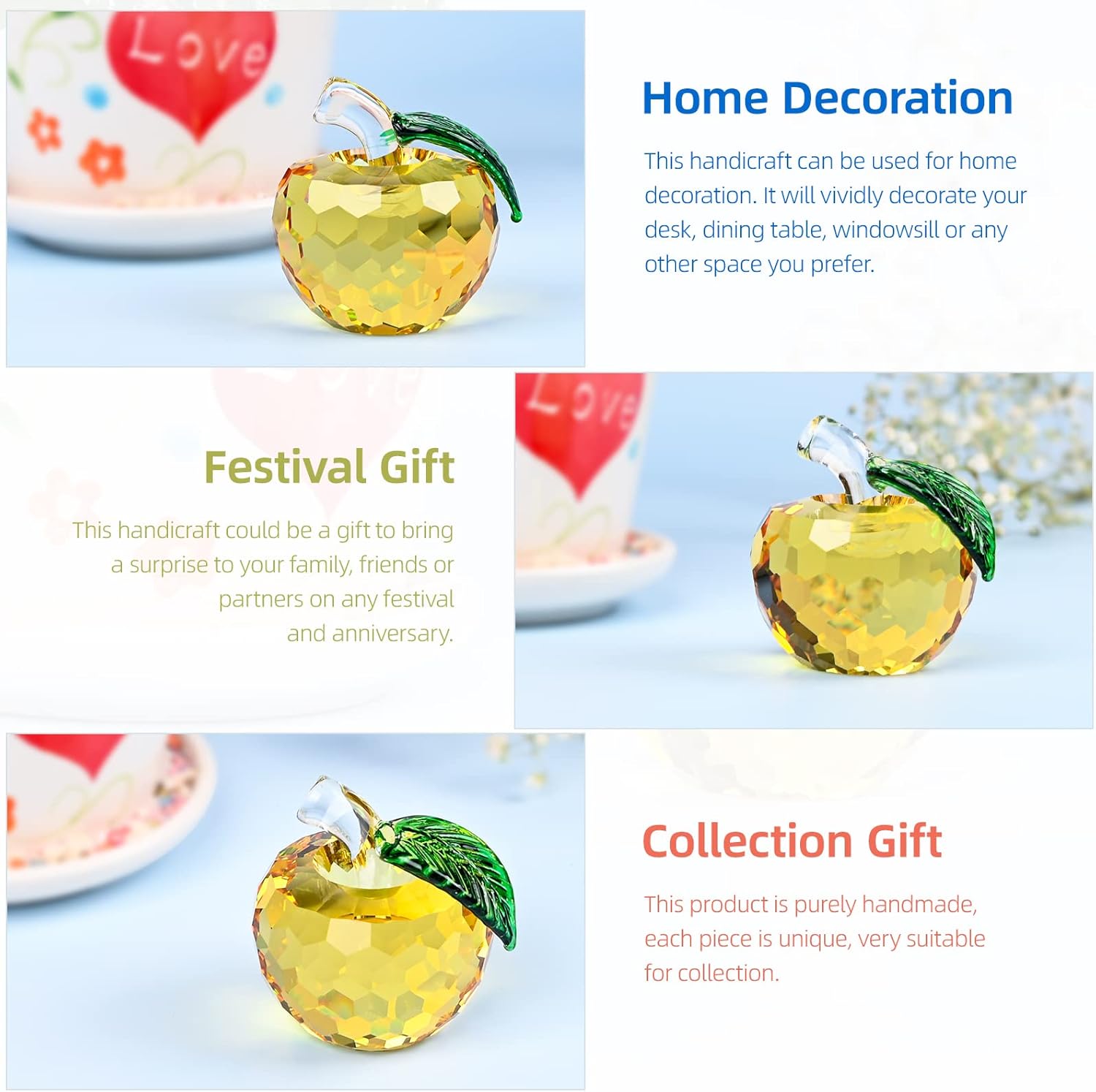 Adorno de manzana de cristal, figuras de cristal para decoración del hogar, animales de cristal, figuras coleccionables, regalo para mujeres, día de