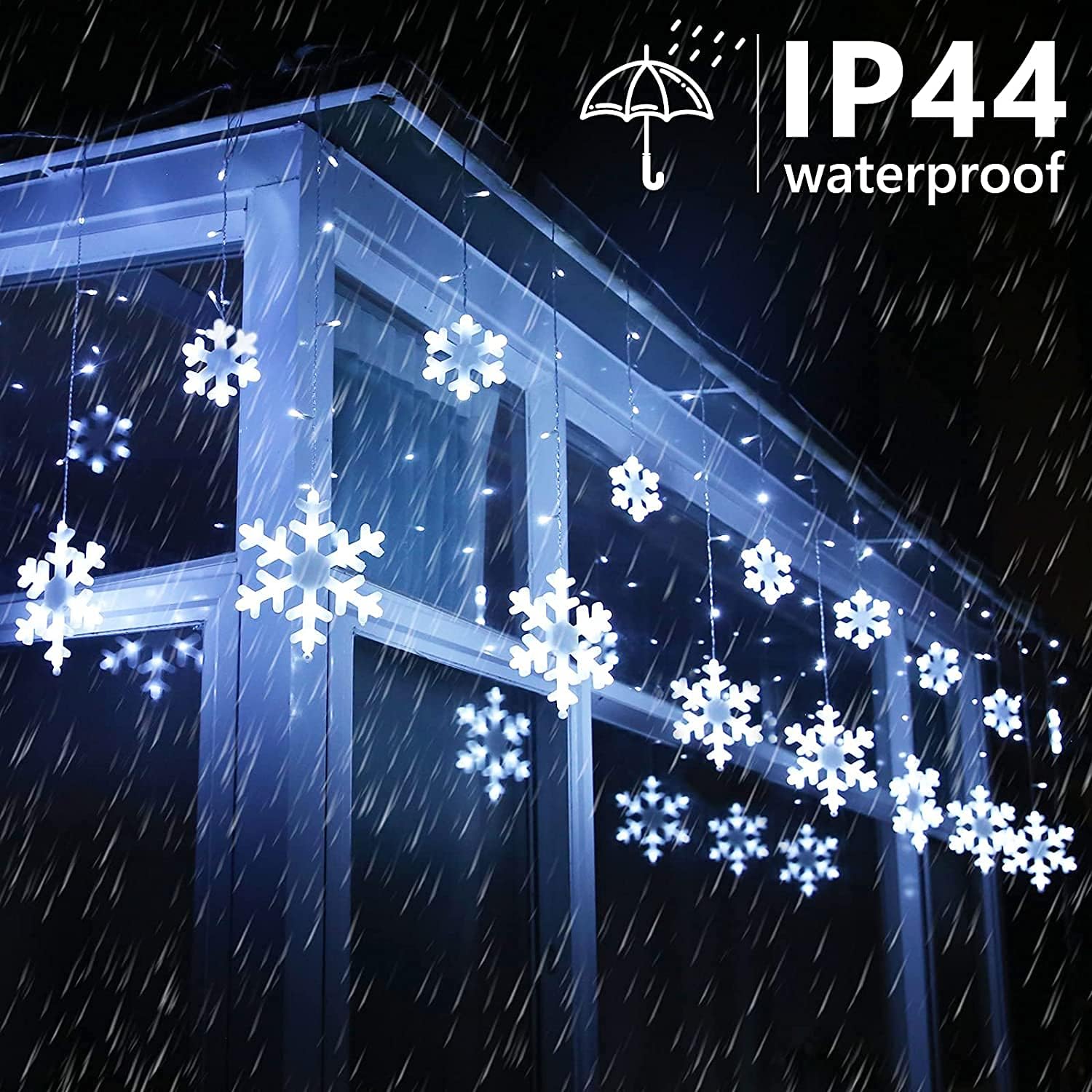 Luces de copo de nieve de Navidad para exteriores, 17.22 pies, 264 luces LED de carámbano de copo de nieve con 22 gotas, 8 modos conectables, luz de