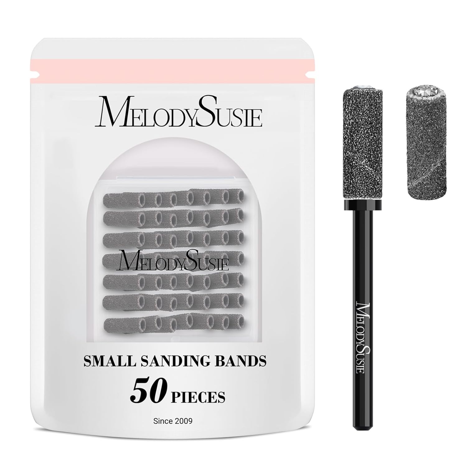 MelodySusie 50 brocas de uñas pequeñas bandas de lijado con broca de mandril de 0.122 in, lima de uñas de grano medio 120 para uñas acrílicas,