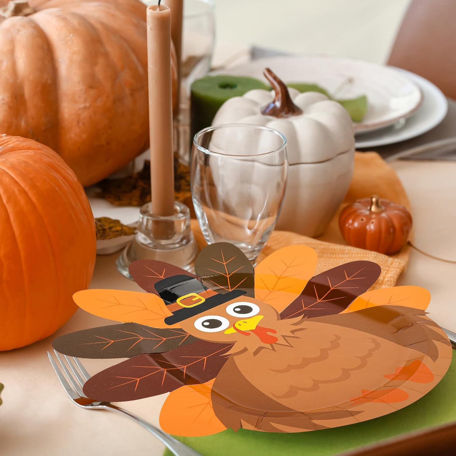Whaline 24 platos de papel de Acción de Gracias, lindos platos desechables con forma de pavo, vajilla decorativa con patrón de pavo para otoño,