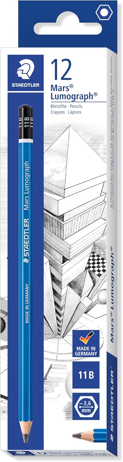 Staedtler Mars Lumograph 11B – Lápiz de dibujo artístico de grafito, muy suave, resistente a la rotura, 12 unidades, 100-11B