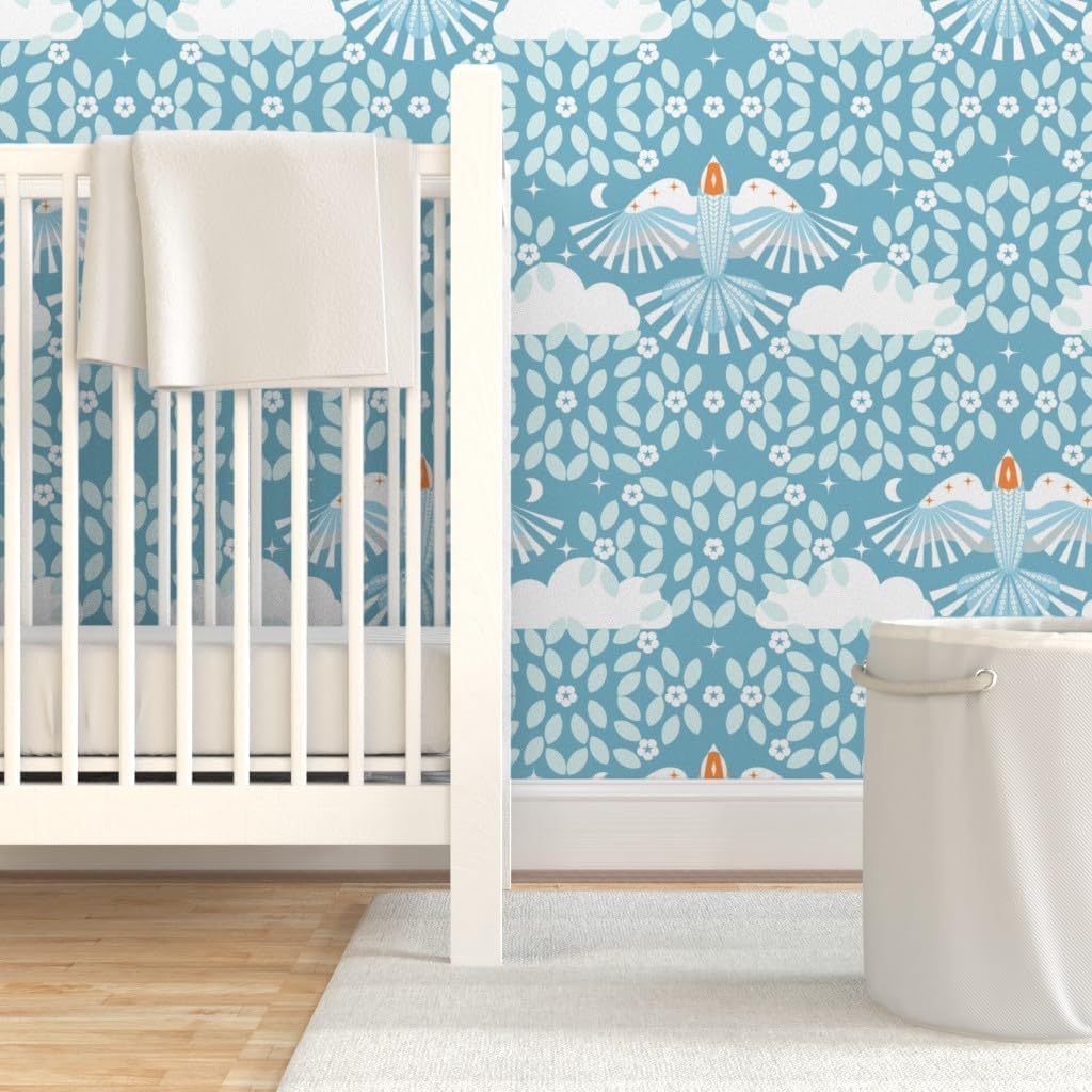 Spoonflower Removable Wallpaper 9ft x 2ft – Blue Sky Folk Art Orange Aqua Maximalist Magic Lucid Dreaming Scandi Scandinavian Mystical Large Custom