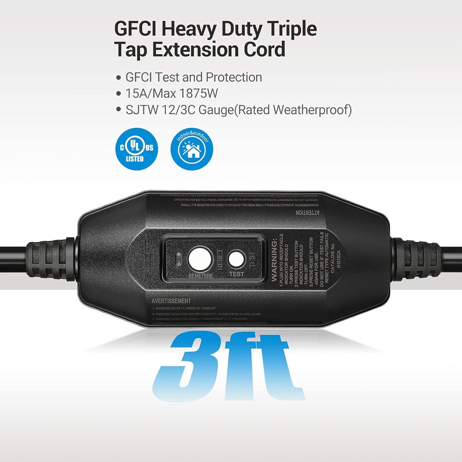 DEWENWILS Cable de extensión GFCI para exteriores de 3 pies, cable de extensión de calibre 123 para múltiples electrodomésticos, cable de