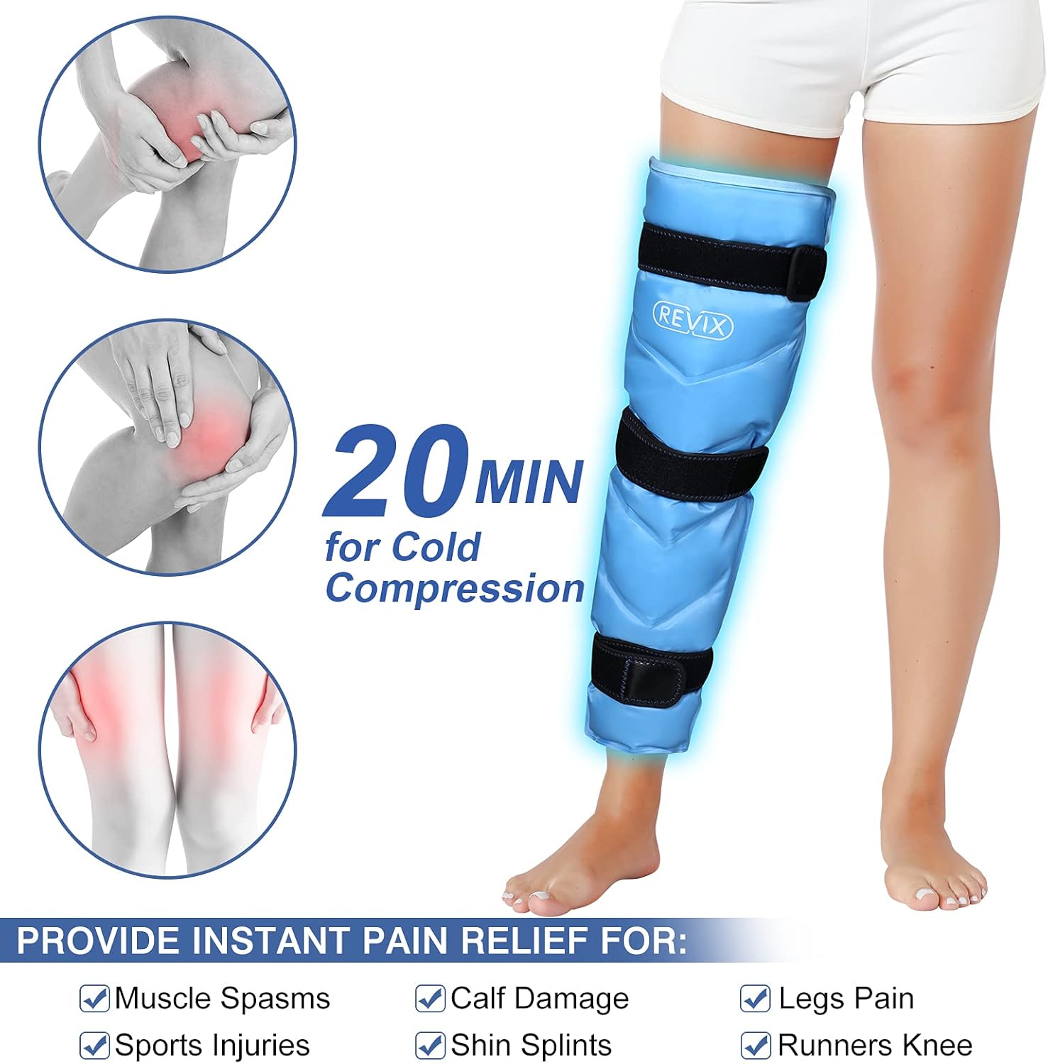 REVIX Bolsa de hielo para aliviar el dolor de tobillo y pies y envoltura de hielo de gel grande para piernas, cadera, muslo, rodilla y espinilla