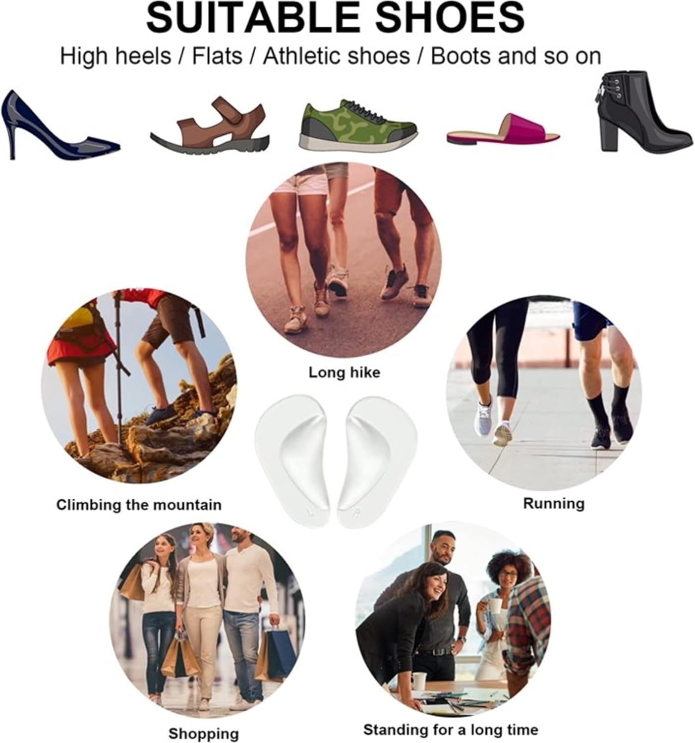 Plantillas de zapatos con soporte de arco para pies planos, almohadilla adhesiva para aliviar la presión y el dolor de pies, cojines de soporte de