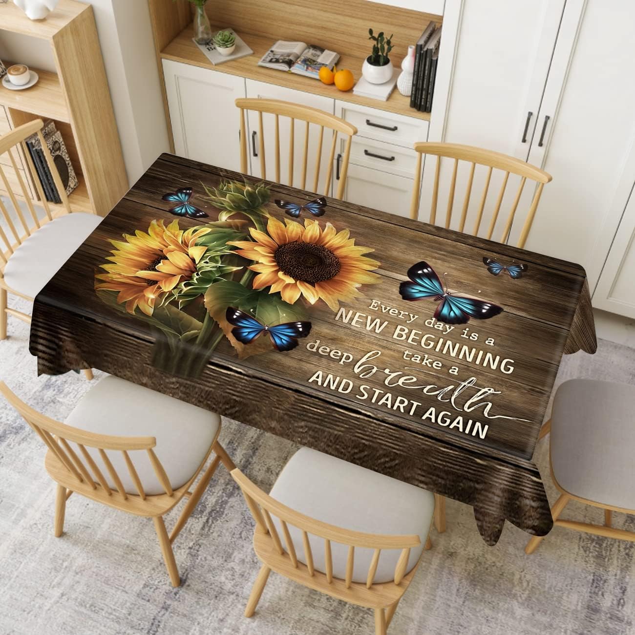 Mantel rectangular rústico a prueba de derrames, impermeable, con mariposas, decoración de mesa, cubierta de mesa de girasol, color marrón y