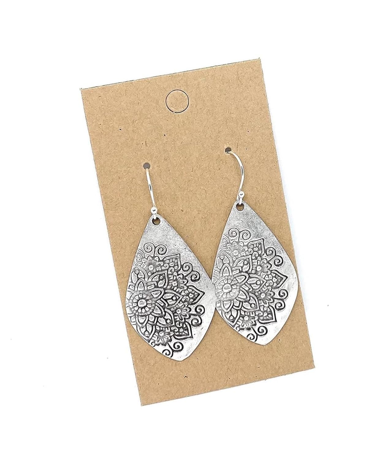 Floral Stamp Distressed Teardrops on Sterling Silver Earrings Handmade Boho Women