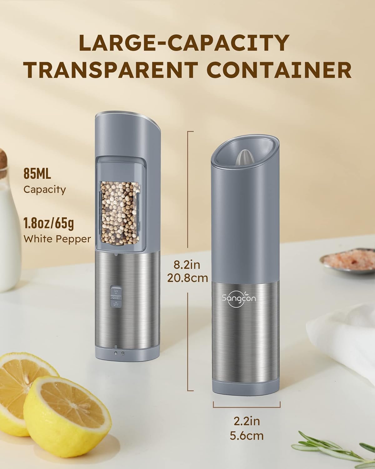 Sangcon Gravity – Molinillo eléctrico de sal y pimienta con interruptor de seguridad, funciona con pilas con luz LED, grosor ajustable, accesorios