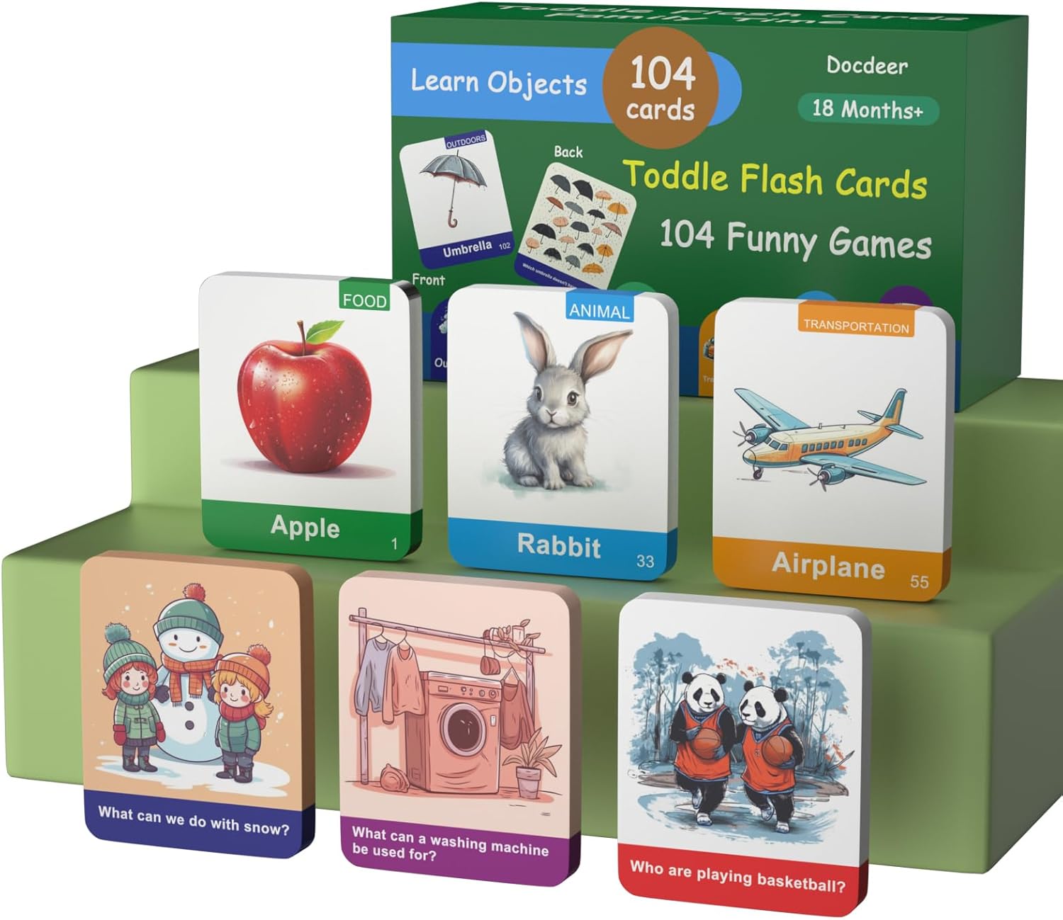 Docdeer Tarjetas didácticas para niños pequeños de 208 lados -104 Objetos de Aprende Alimentos Animales Tarjetas 2 3 4 5 6 7 8