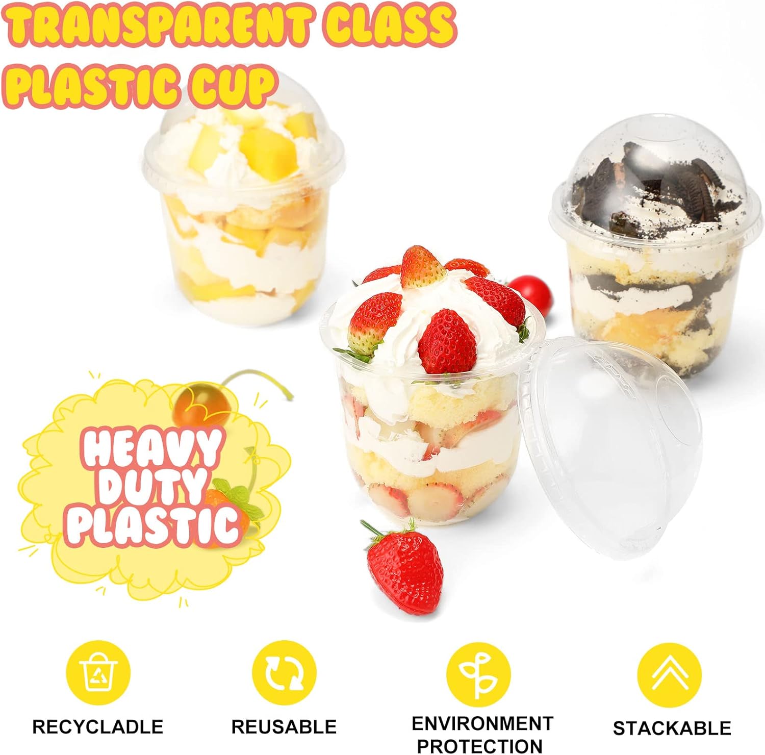 Paquete de 50 tazas de postre con tapas de cúpula, vasos de plástico desechables con tapas, tazas de helado de PET transparentes (sin agujero),
