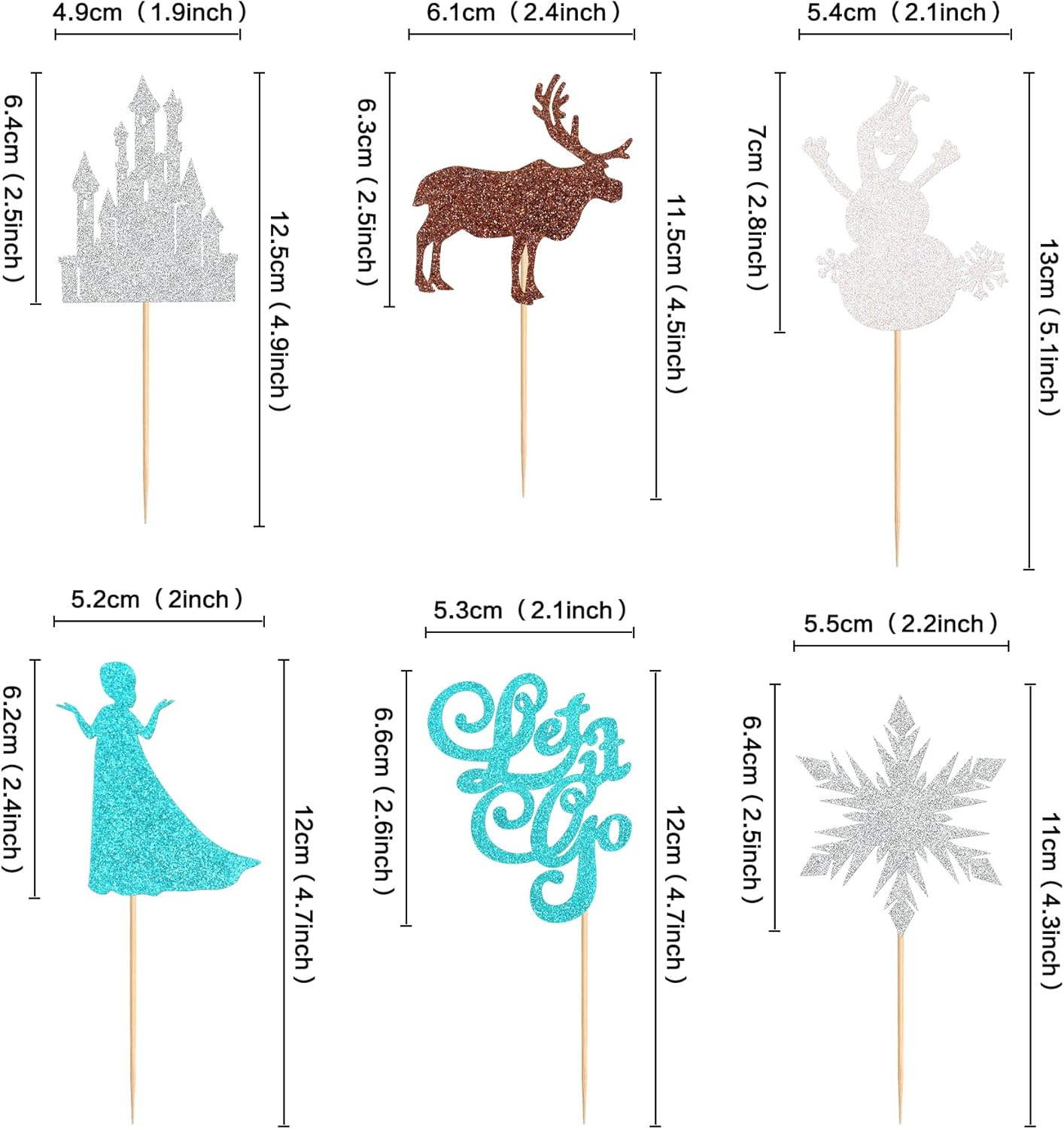 Ercadio Paquete de 24 adornos de copos de nieve para cupcakes con purpurina para invierno, copos de nieve, ciervos, princesas, cupcakes para
