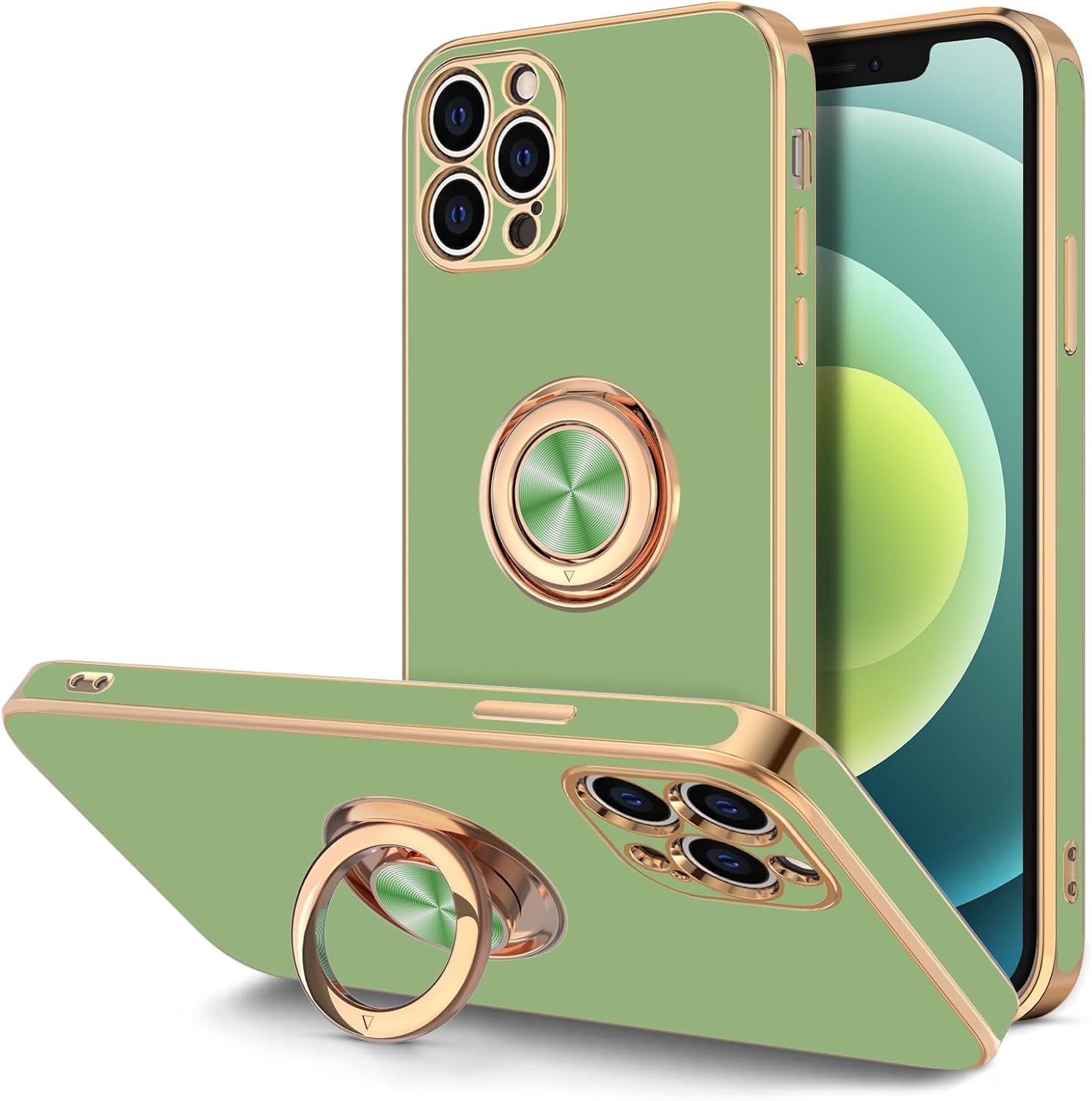 Hython Funda para iPhone 12 Pro con soporte de anillo, soporte de anillo giratorio de 360, soporte magnético, chapado en oro rosa, TPU suave,