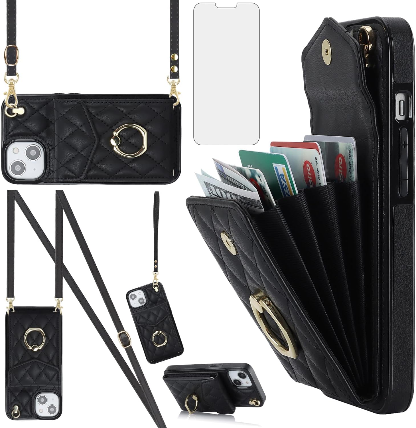 Asuwish Funda de teléfono para iPhone 13 Mini de 5.4 pulgadas con protector de pantalla de vidrio templado, anillo con bloqueo RFID, tarjetero para