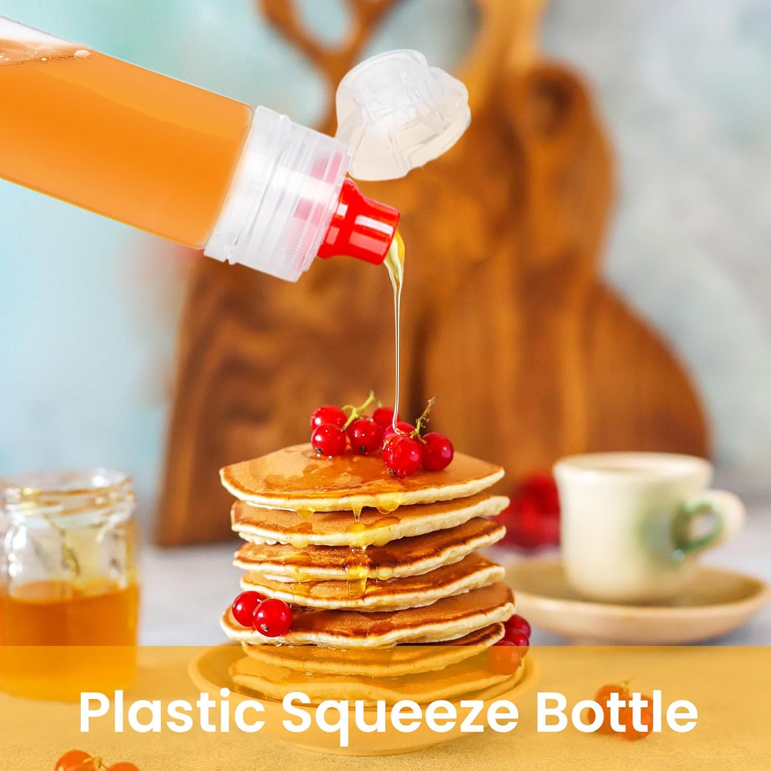 RAYNAG Paquete de 8 botellas de miel reutilizables de plástico para apretar con tapas abatibles, dispensador de condimentos para salsa de salsa de