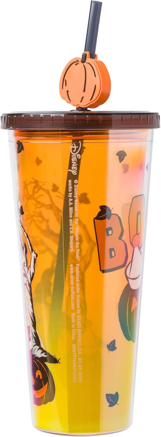Silver Buffalo Disney Winnie the Pooh Spooky Witch – Taza fría de plástico con tapa y adorno de popote festivo Jack-O’-Lantern, 24 onzas