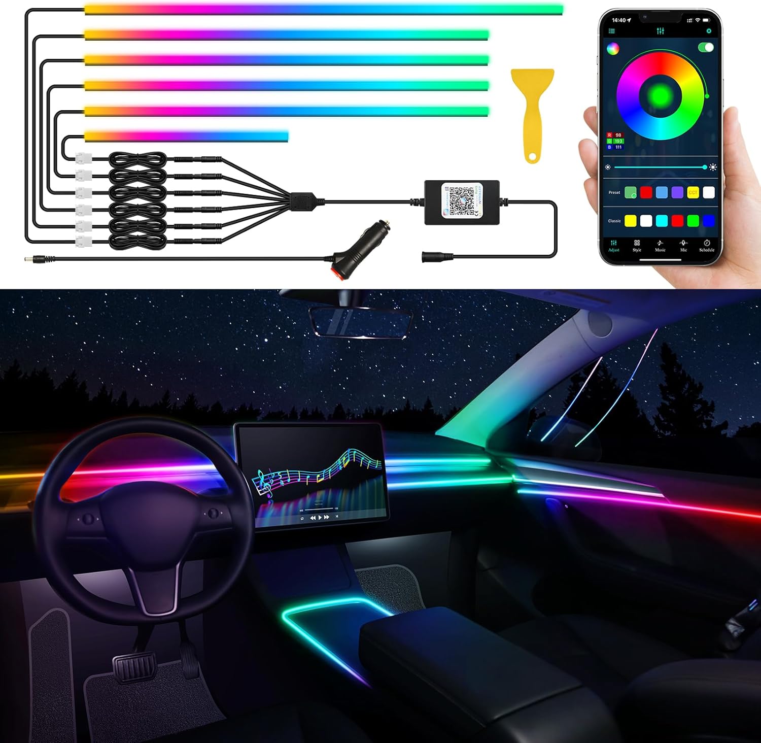 Dreamcolor – Tira de luz LED acrílica para interior de automóvil con aplicación inalámbrica, RGB 6 en 1 con kits de iluminación ambiental de fibra