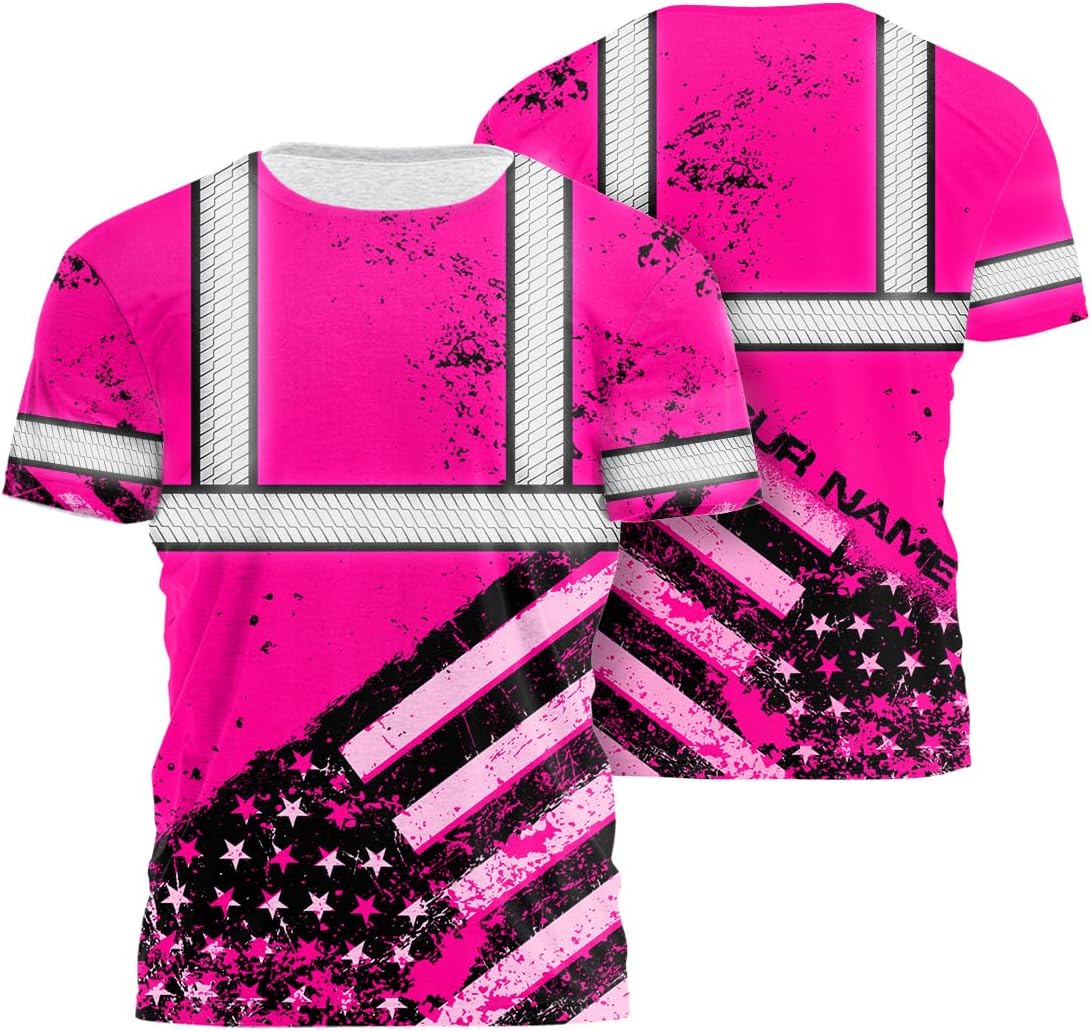 HiVis Custom Camisa de alta visibilidad de calavera con bandera de Estados Unidos para hombres, camisas de seguridad con nombre personalizado, ropa