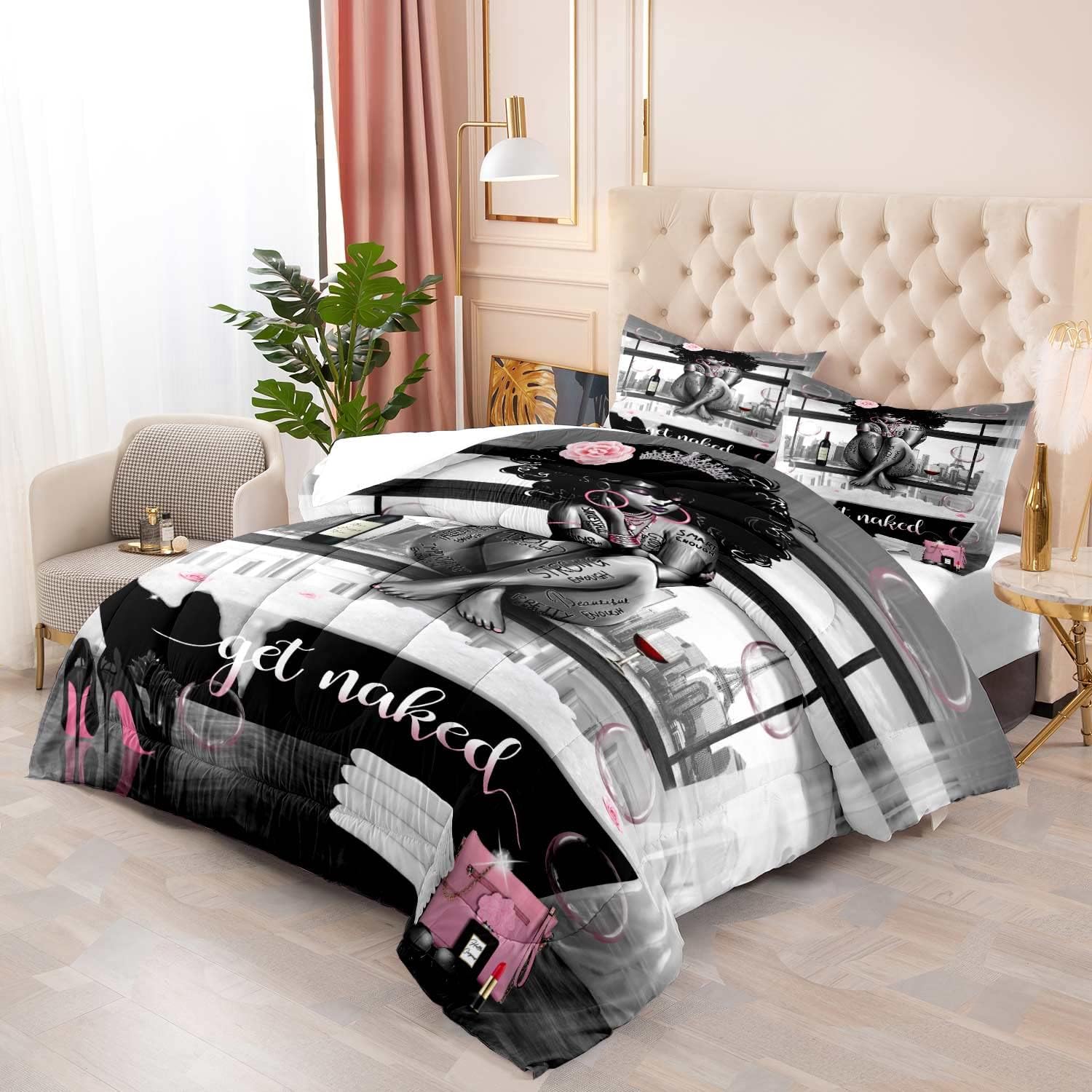 LUVIVIHOME Juego de edredón de 3 piezas para niñas negras afroamericanas, juego de edredón tamaño King, bolsa de tacones altos, citas inspiradoras