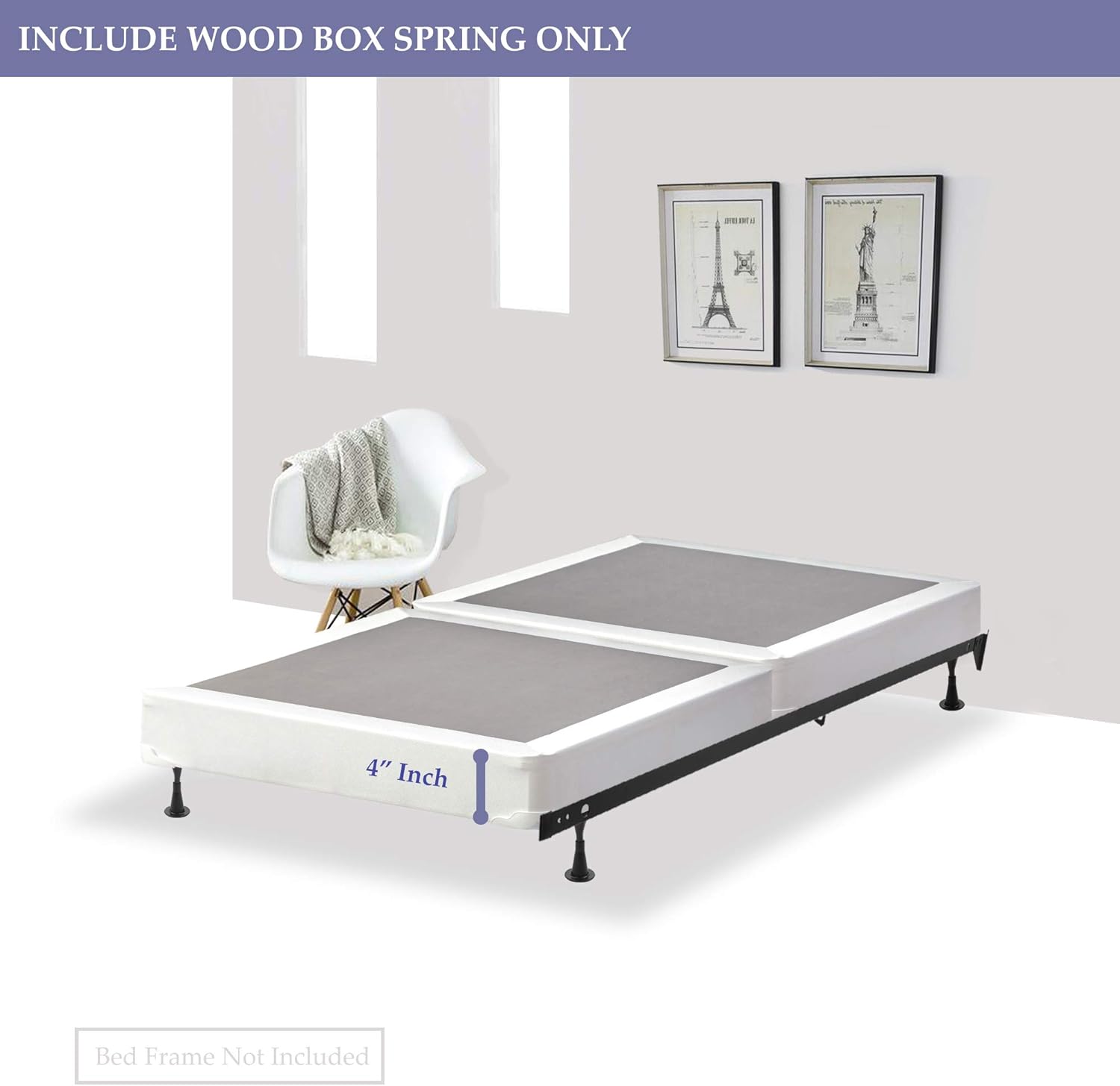 Mattress Solution Somier tradicional de madera dividida de perfil bajo totalmente ensamblado para colchón, individual, gris y blanco