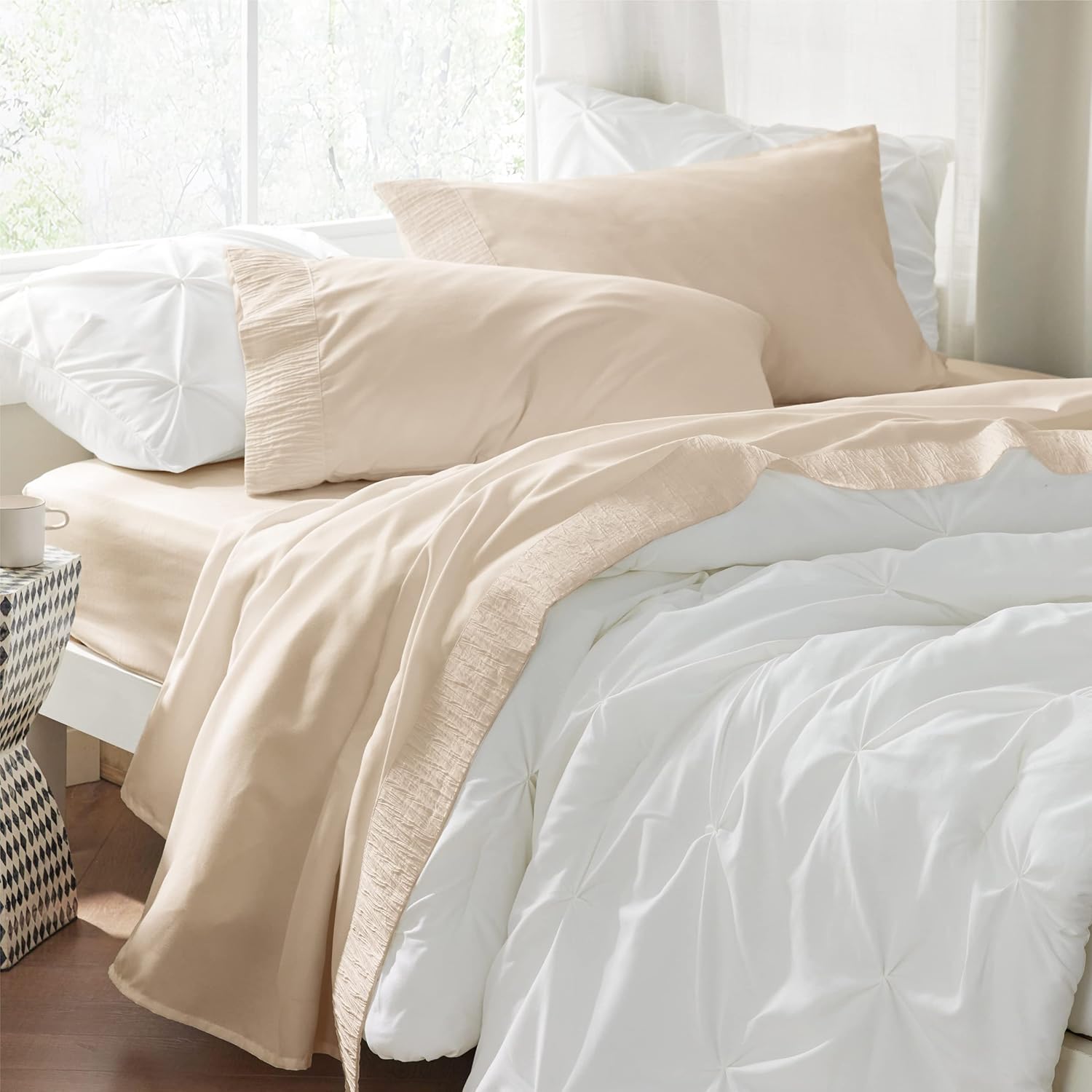 Bedsure – Juego de sábanas para cama de tamaño Full, de color beige, suave juego de sábanas que incluye fundas de almohada, 4 piezas, de 1800 hilos,
