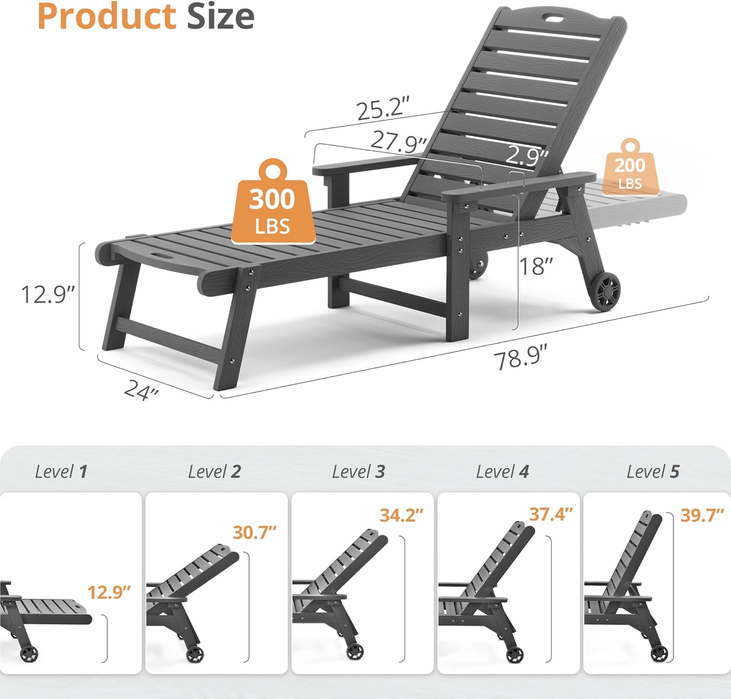 LUE BONA Tumbona para exteriores, material HDPS, silla de patio con respaldo ajustable, sillas de piscina de resina con ruedas para exteriores,