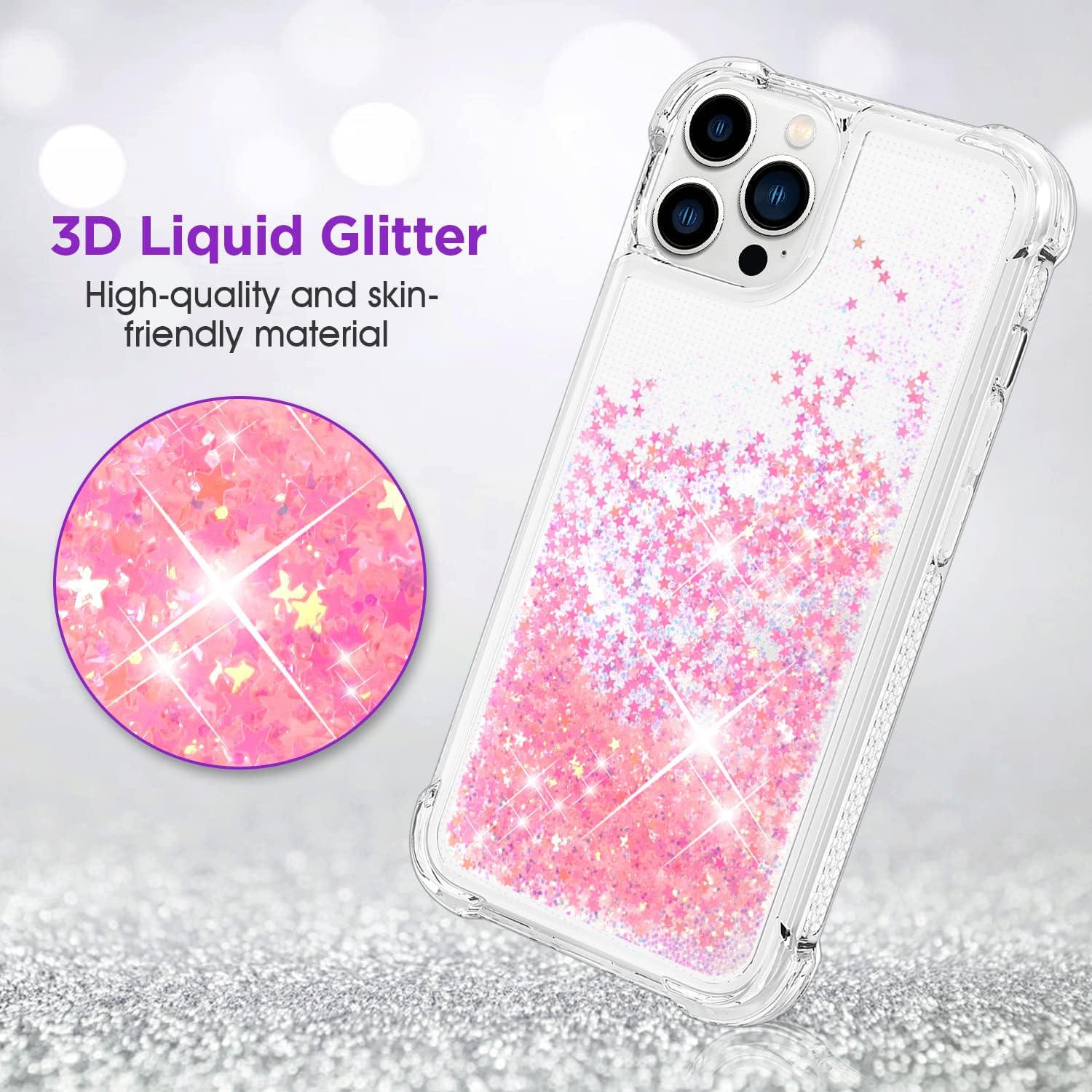 ANSHOW Funda para iPhone 13 Pro Max con purpurina, TPU transparente a prueba de golpes con 2 protectores de pantalla, purpurina rosa claro brillante