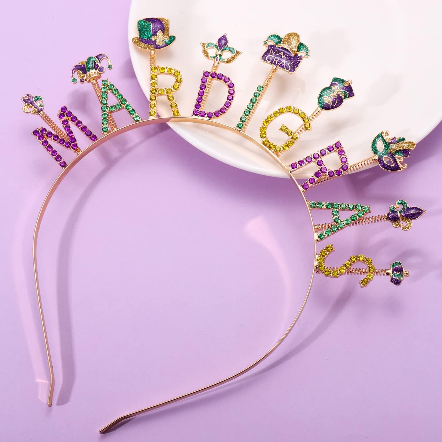 Diadema de Mardi Gras para mujer, máscara de flor de lis, diadema con diamantes de imitación, letra MARDI GRAS, gordo martes, carnaval, desfile,