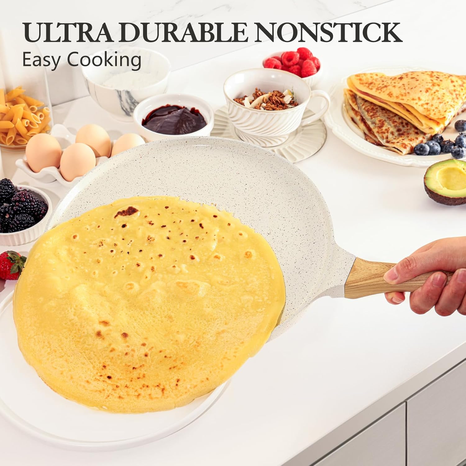 SENSARTE Sartén antiadherente para crepas con esparcidor, revestimiento de cerámica natural de 12 pulgadas, sartén plana para panqueques, sartén