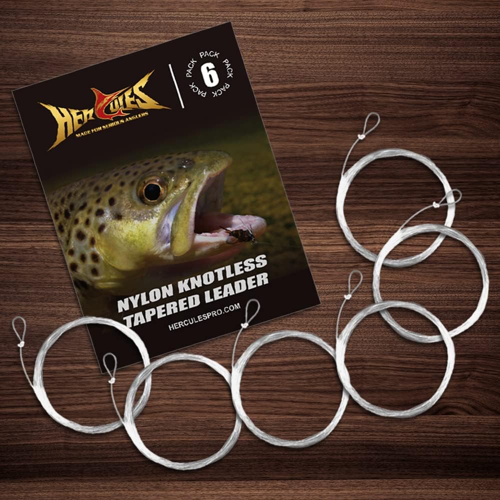 HERCULES Líder de pesca con mosca pre-atado paquete de 6 con cartera de líder cónica
