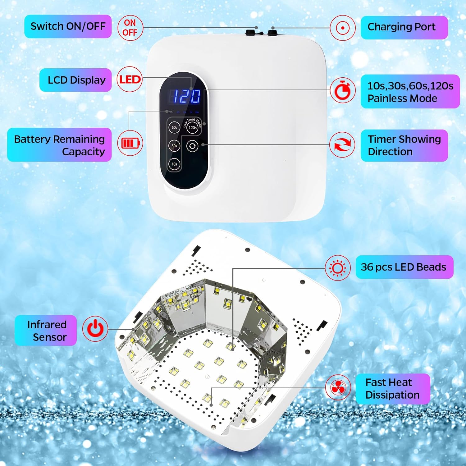 Lámpara de uñas LED UV inalámbrica, lámpara de uñas recargable de 72 W, secado rápido, secado rápido, luz de esmalte de gel profesional con 4