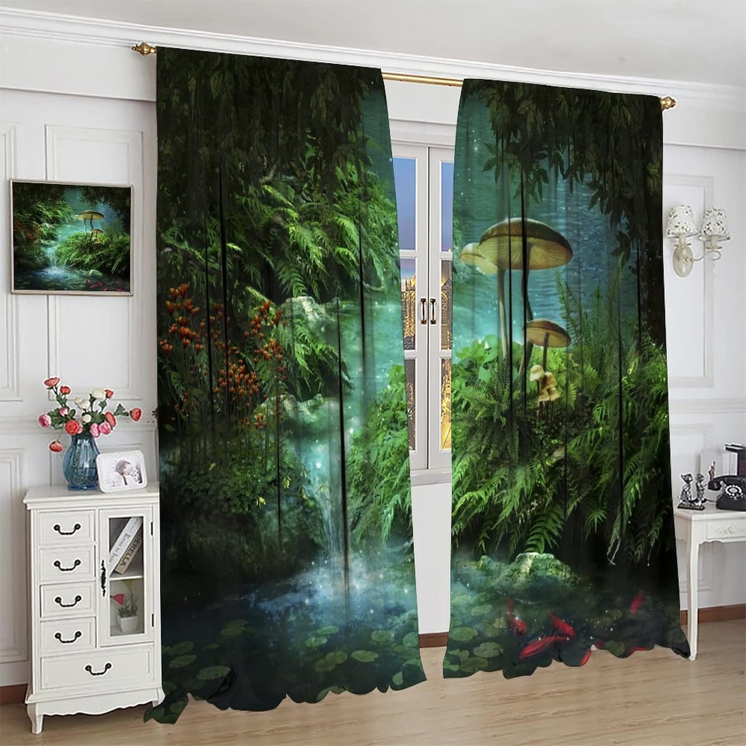 Cortinas de selva de ensueño, cuento de hadas verdes, bosque, estanque, helecho, planta de helecho, pez dorado rojo y hongo, adecuadas para sala de