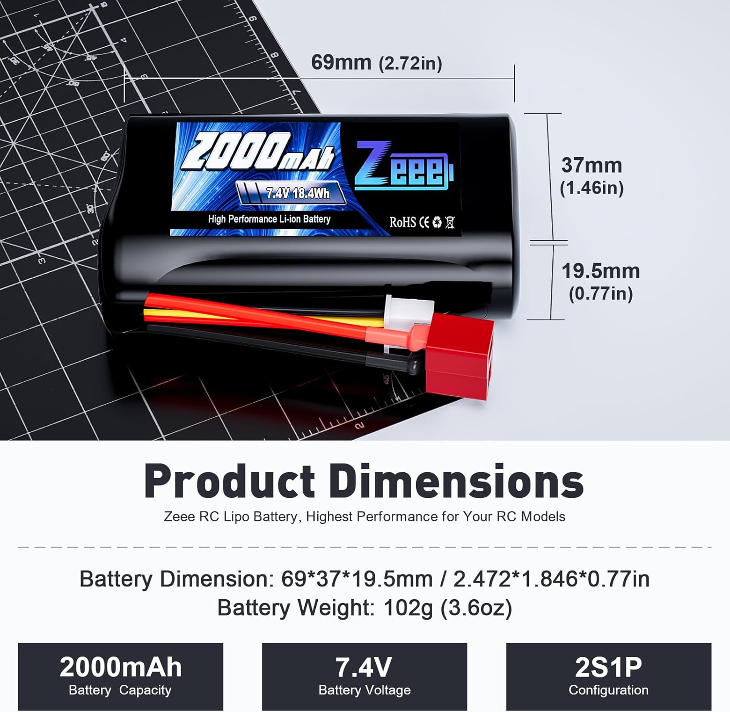Zeee Batería de iones de litio 2S de 2000 mAh 7.4 V Deans T conector con cargador de batería de 7.4 V compatible con 110, 112, 116 escala RC Cars