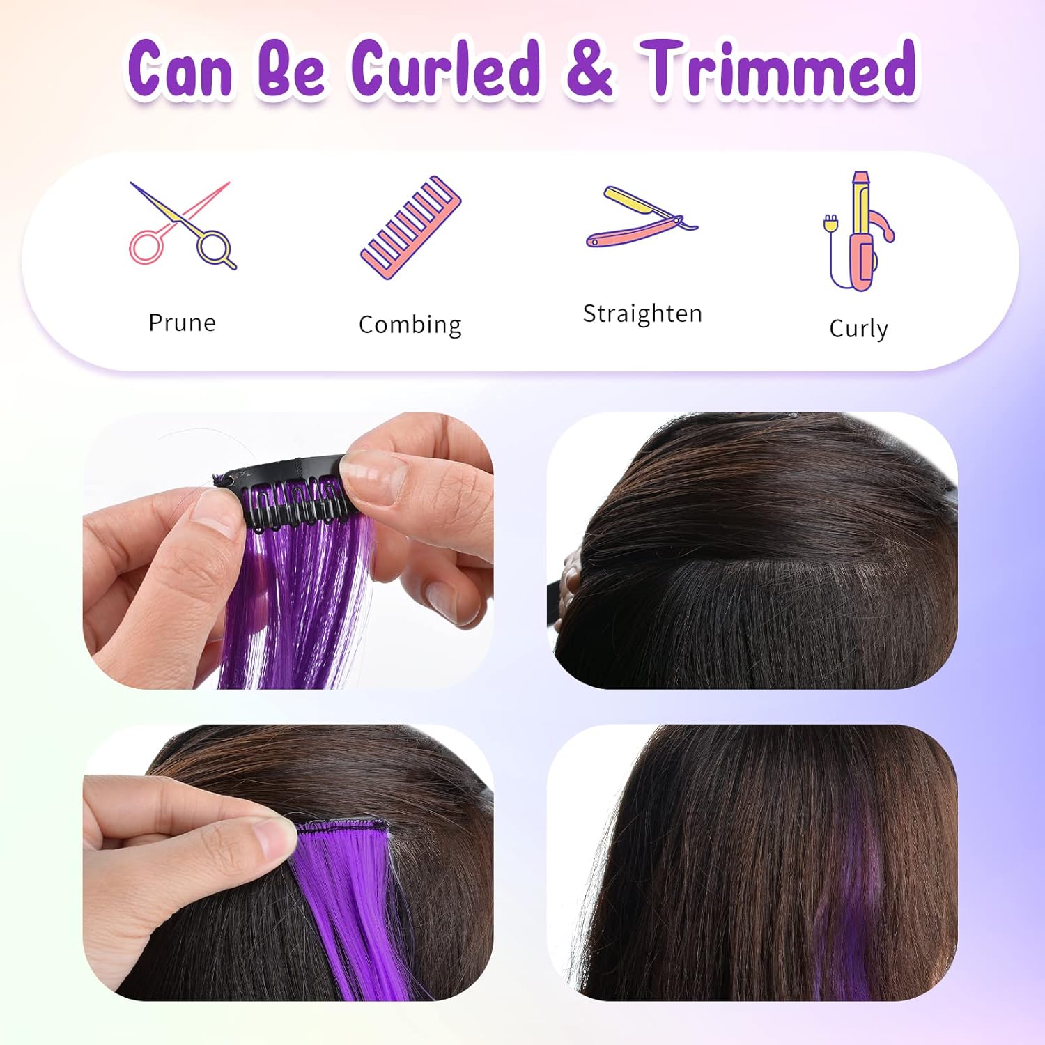 Kyerivs Extensiones de cabello con clip de colores para niñas, 24 piezas de 20 pulgadas, extensiones de pelo sintético lacio arcoíris para niñas,