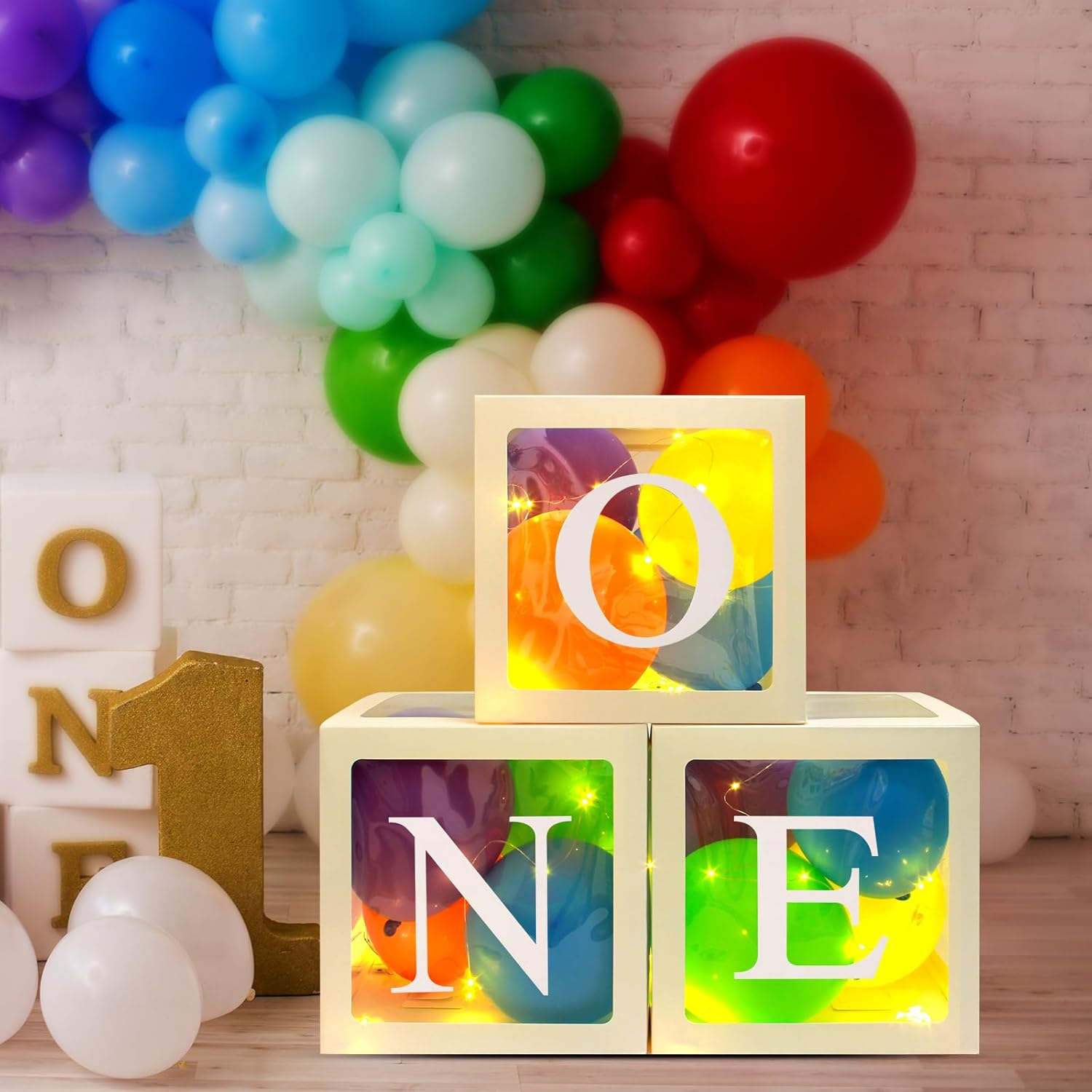 Cajas de globos de primer cumpleaños, cajas de globos con letras “O”N”E” con 3 tiras de 20 luces LED y 30 globos coloridos para fiestas de arcoíris,