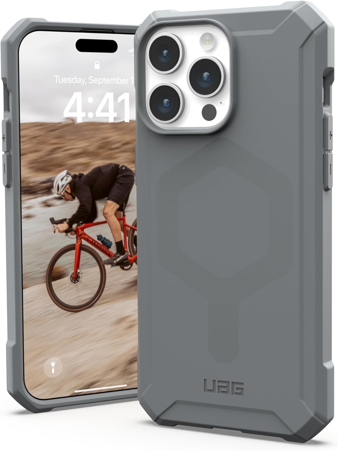 URBAN ARMOR GEAR UAG – Funda compatible con iPhone 15 Pro Max de 6.7 pulgadas, Essential Armor plateado con imán integrado compatible con carga