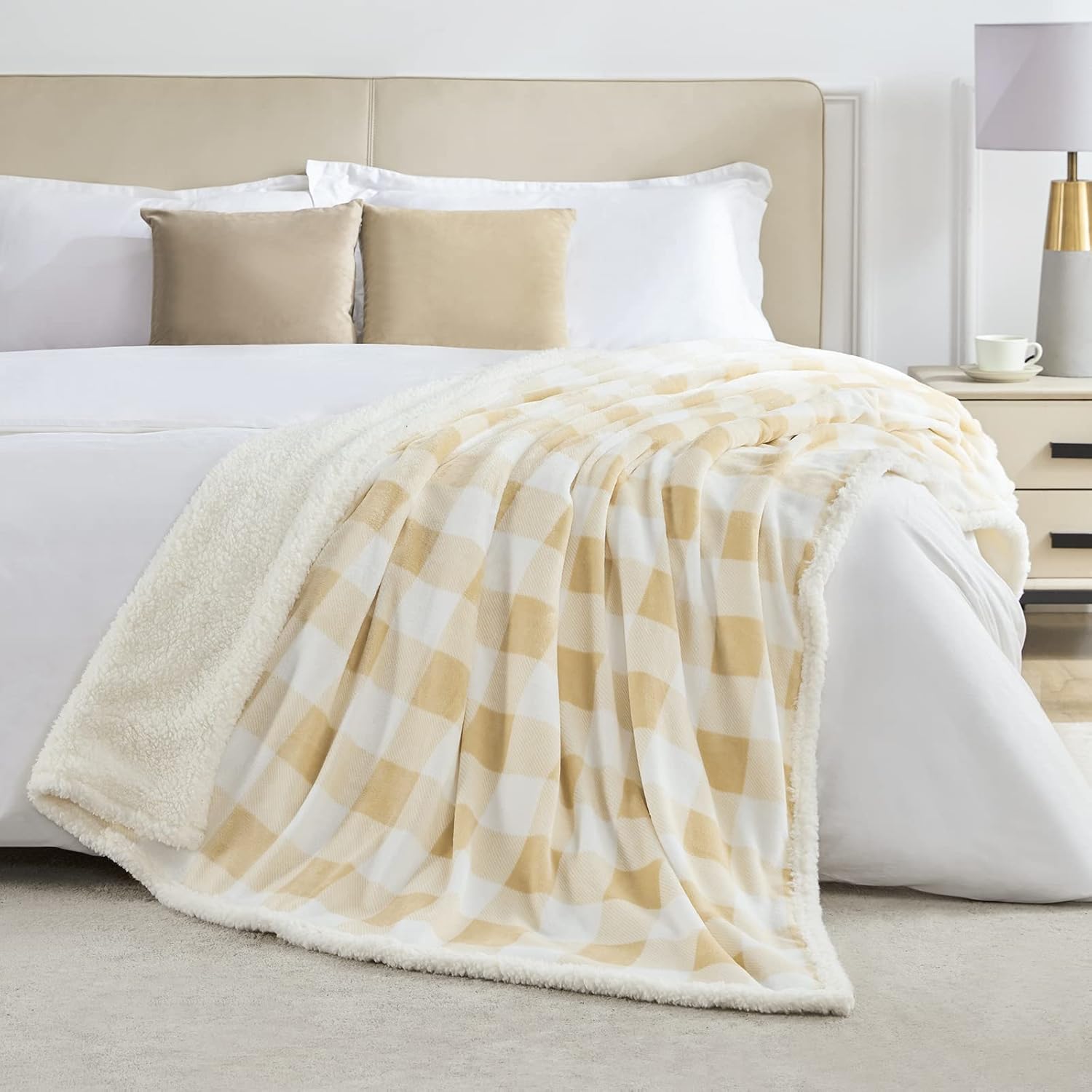 BEAUTEX Manta de forro polar sherpa, manta y mantas de felpa a cuadros súper suaves y cálidas, manta ligera y acogedora para sofá cama (beige, manta