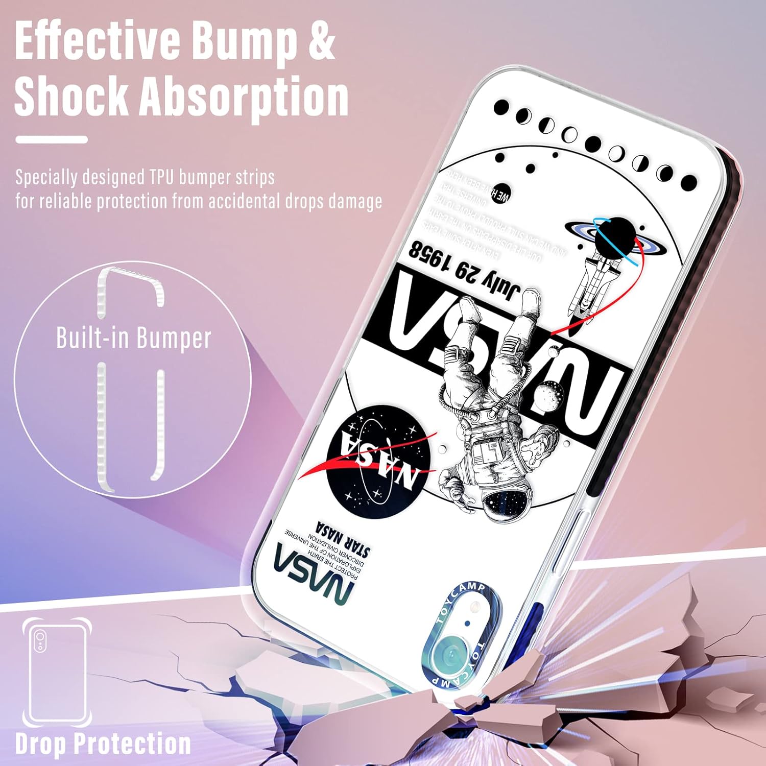 Toycamp Funda para iPhone XR, diseño de astronauta espacial, lindo diseño de dibujos animados para hombres, niños, niñas, adolescentes, genial