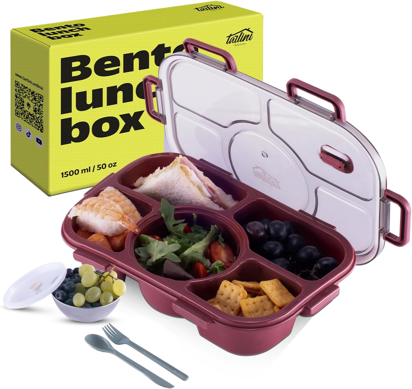 Tarlini Bento Box – Lonchera simple y fácil a prueba de fugas, sin BPA, caja de aperitivos bento de 5 compartimentos, lonchera Bento para adultos,