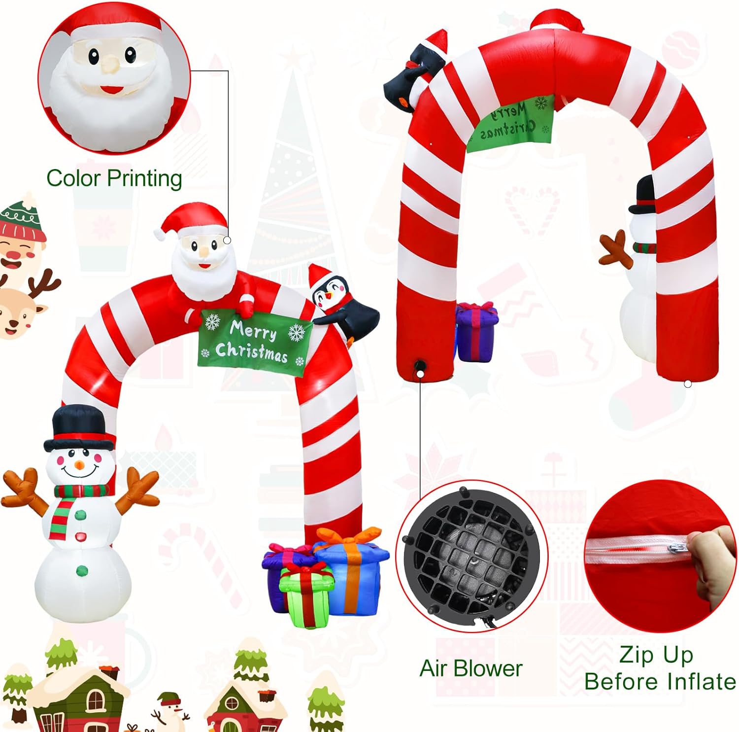 OurWarm Arco inflable de bastón de caramelo inflable de 8 pies, pingüino de Papá Noel y muñeco de nieve, decoraciones de patio con luces LED