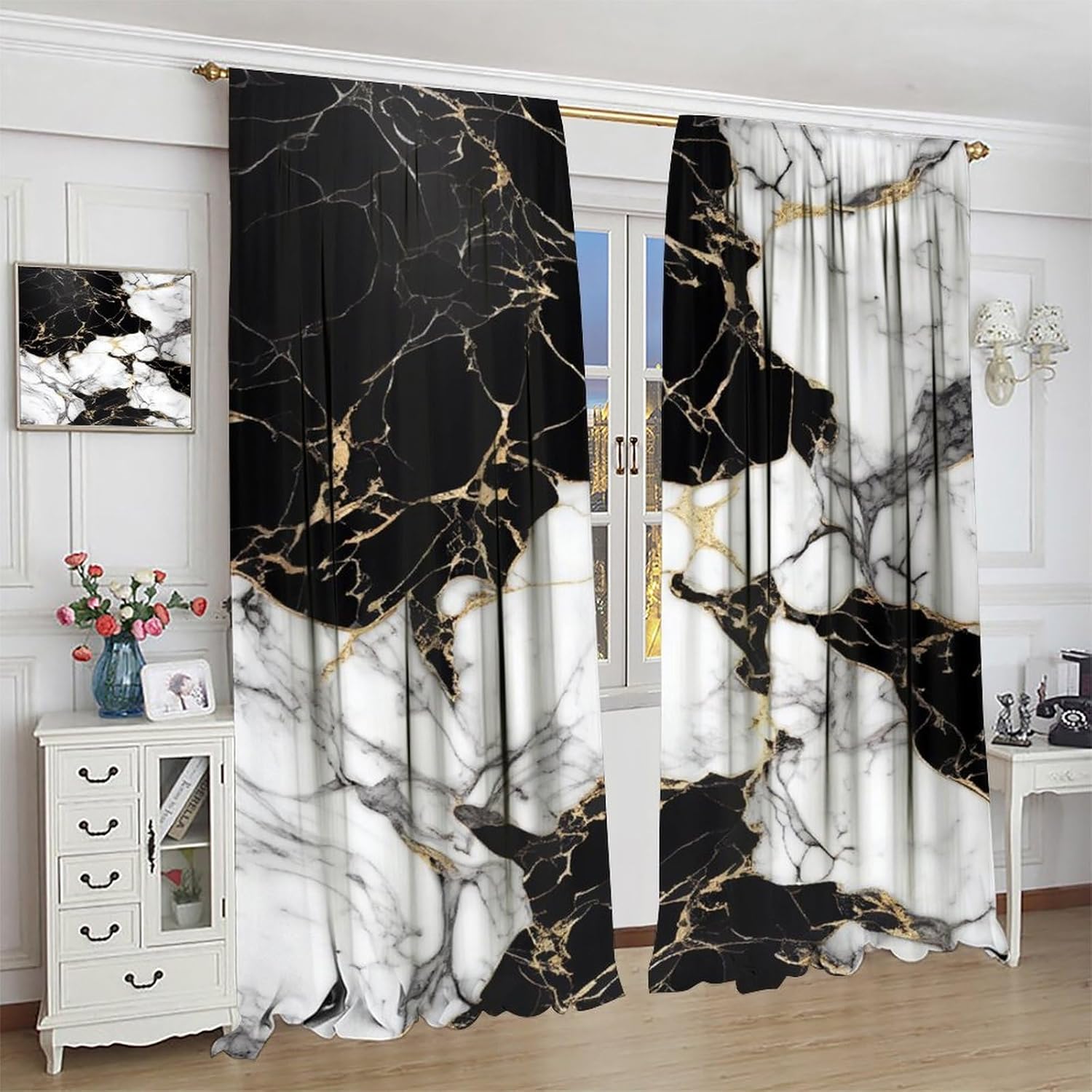 Cortinas de mármol para dormitorio, arte abstracto moderno de lujo, textura de mármol blanco y negro, tratamientos de ventana para sala de estar,