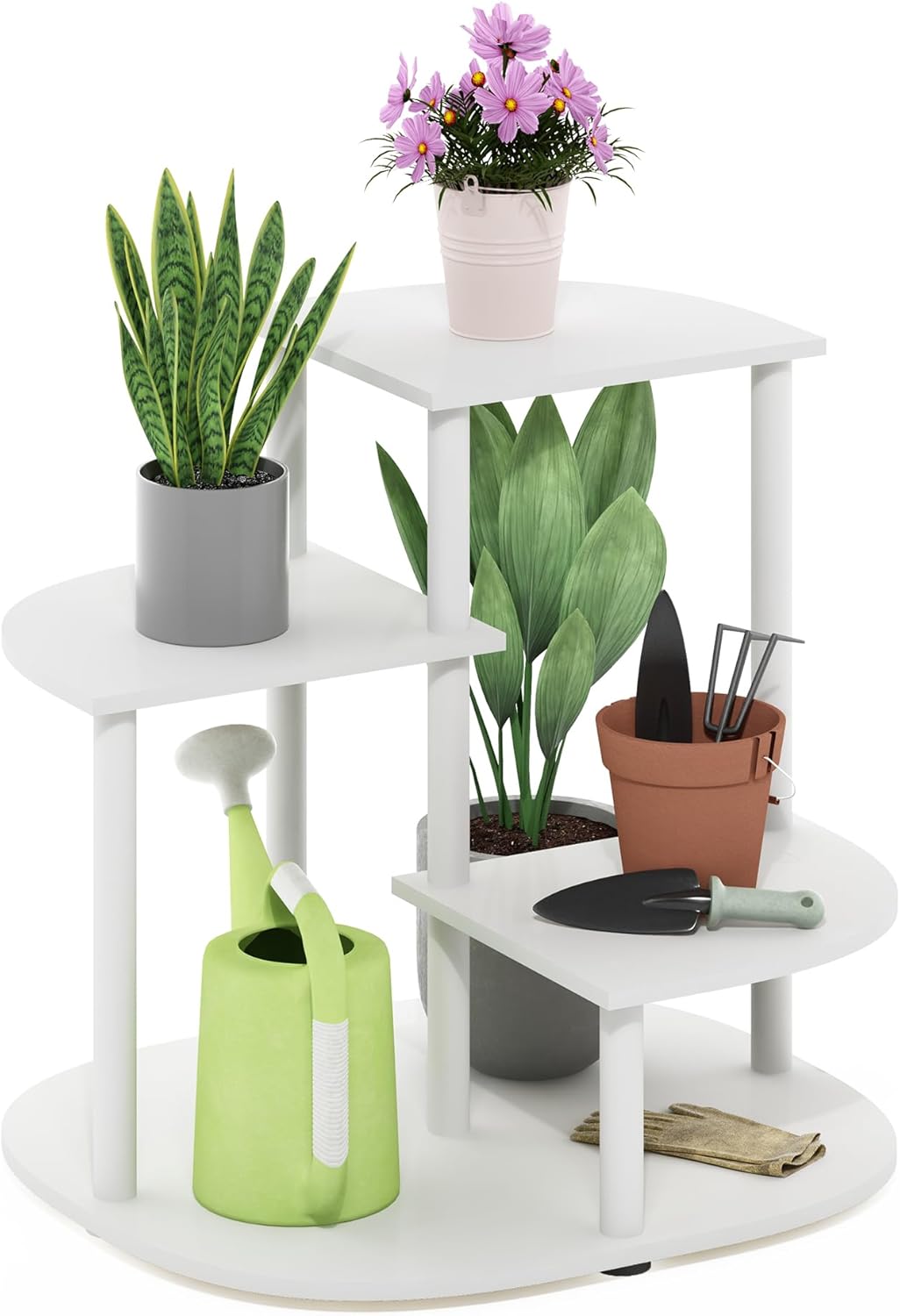 Furinno Celuka – Soporte de 3 niveles para plantas de interior y exterior, estante de esquina para múltiples plantas, blancoblanco virgen