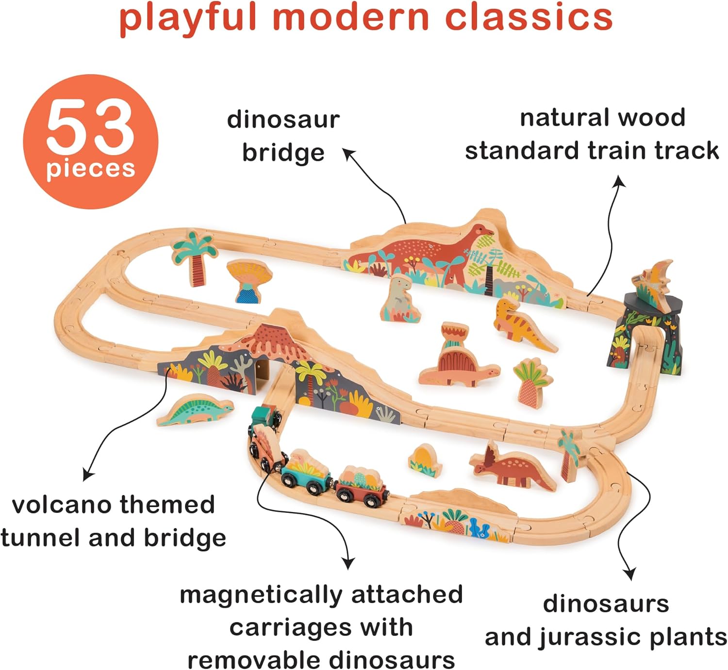 Lost World – Juego de ferrocarril temático de dinosaurios con pistas y accesorios, madera, juego creativo, imaginativo, juguete interactivo
