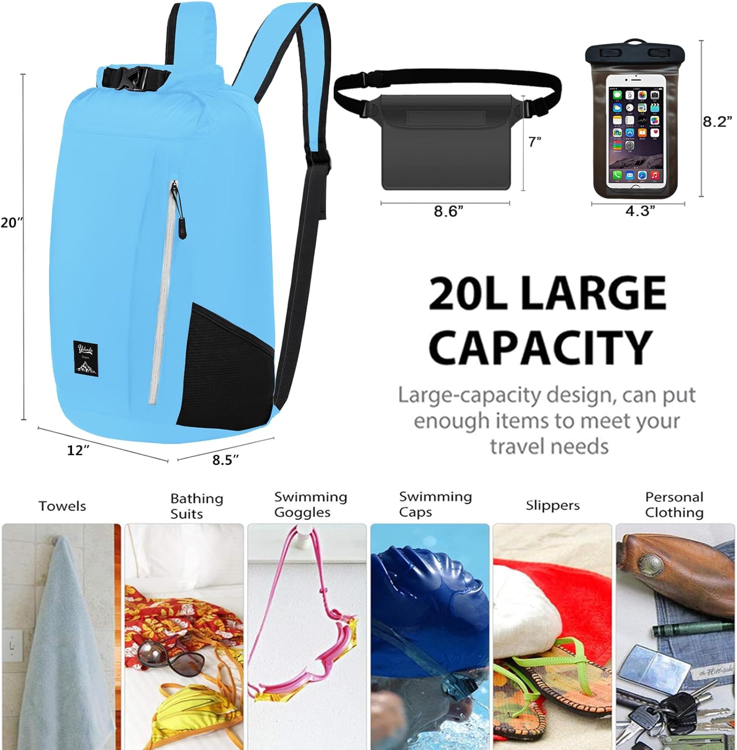 Mochila impermeable a prueba de arena de 20 litros, bolsa seca ligera e impermeable, saco seco plegable con funda para teléfono y bolsa de cintura