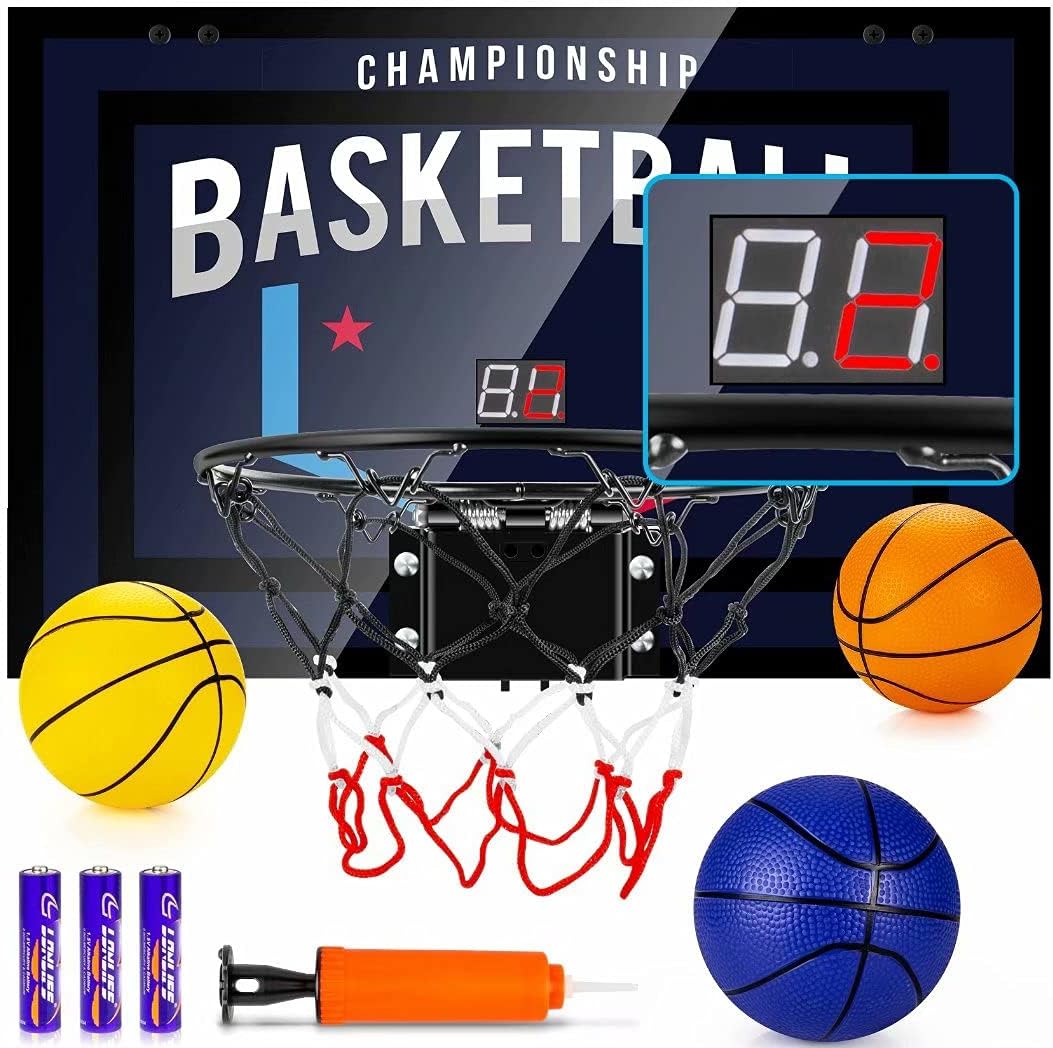 TREYWELL Aro de baloncesto interior para adolescentes y adultos, mini aro de baloncesto con marcador electrónico, 3 bolas y baterías, juguetes de